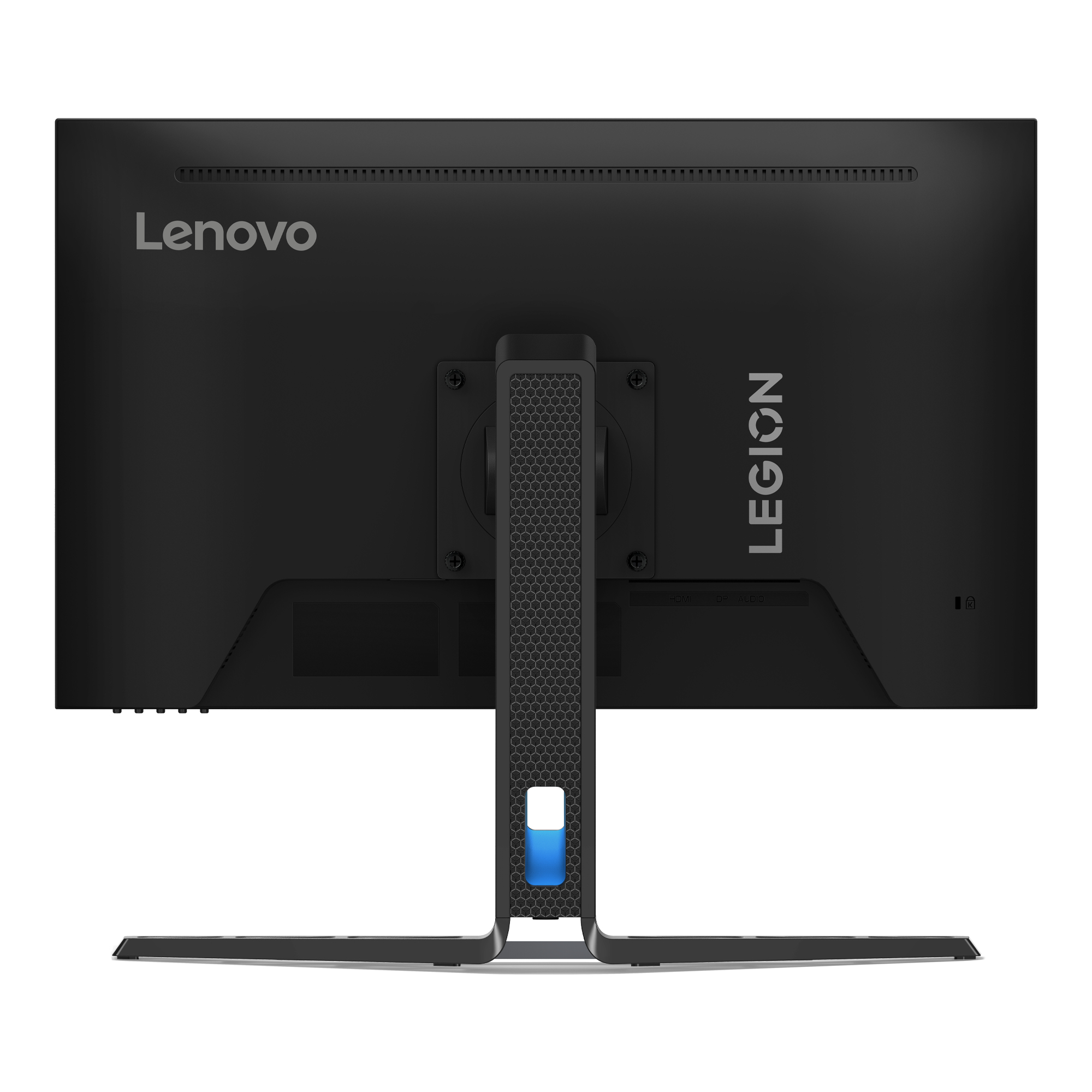 Tył czarnego monitora Lenovo Legion. Stojak ma niebieskie światło i wzór plastra miodu.