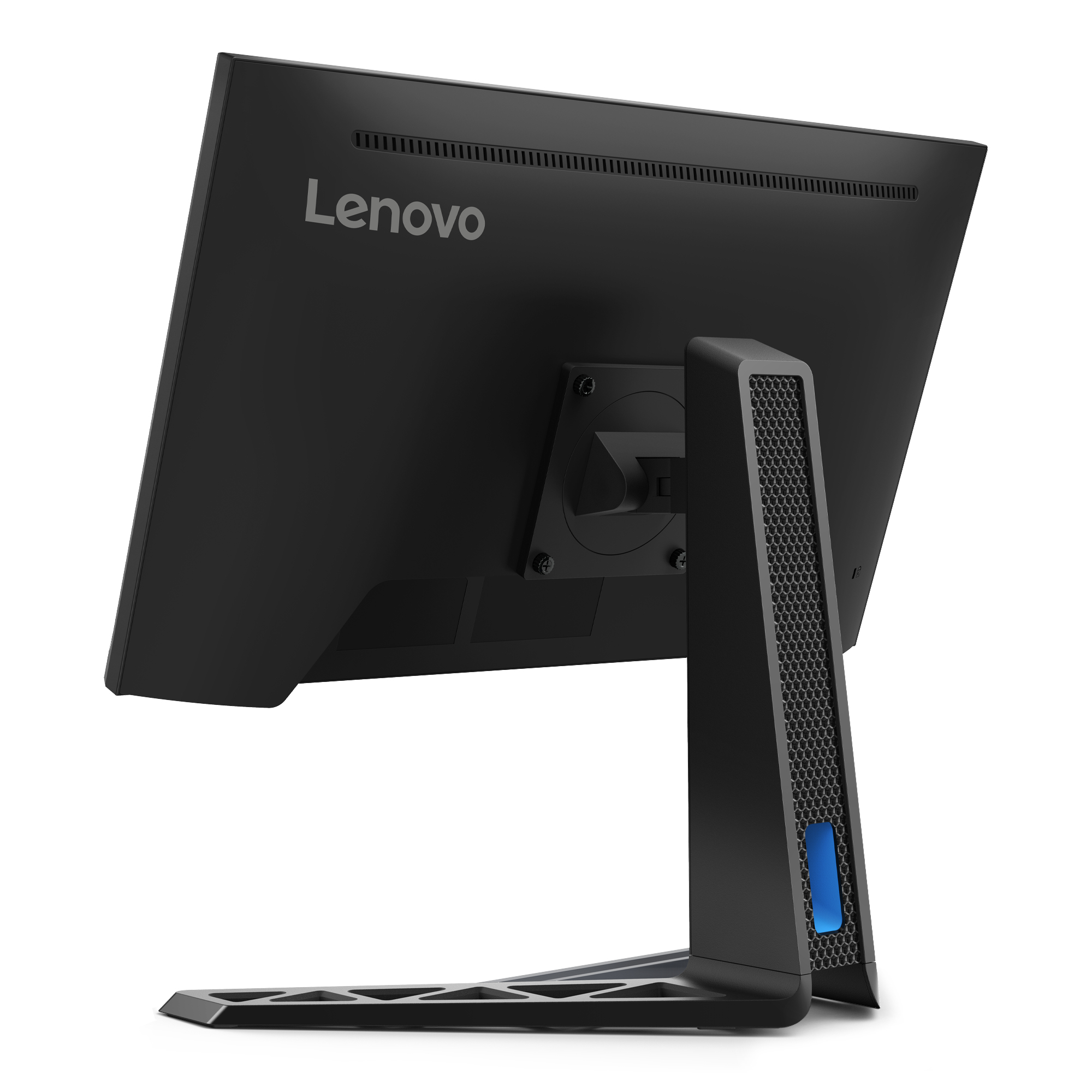 Tył czarnego monitora Lenovo, podstawa o strukturze plastra miodu i niebieskie światło.
