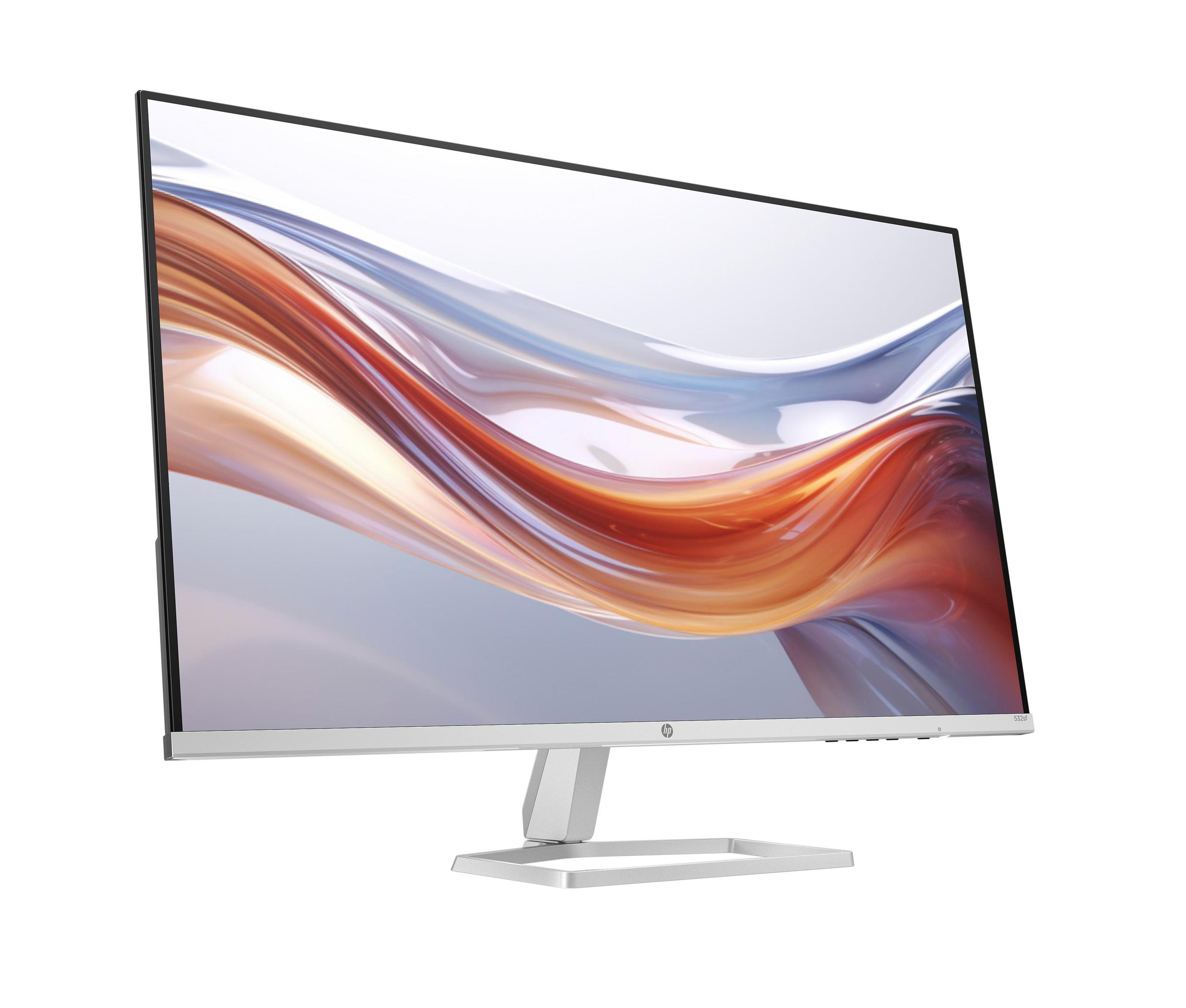 Srebrny i biały monitor komputera z kolorowym abstrakcyjnym obrazem na ekranie.