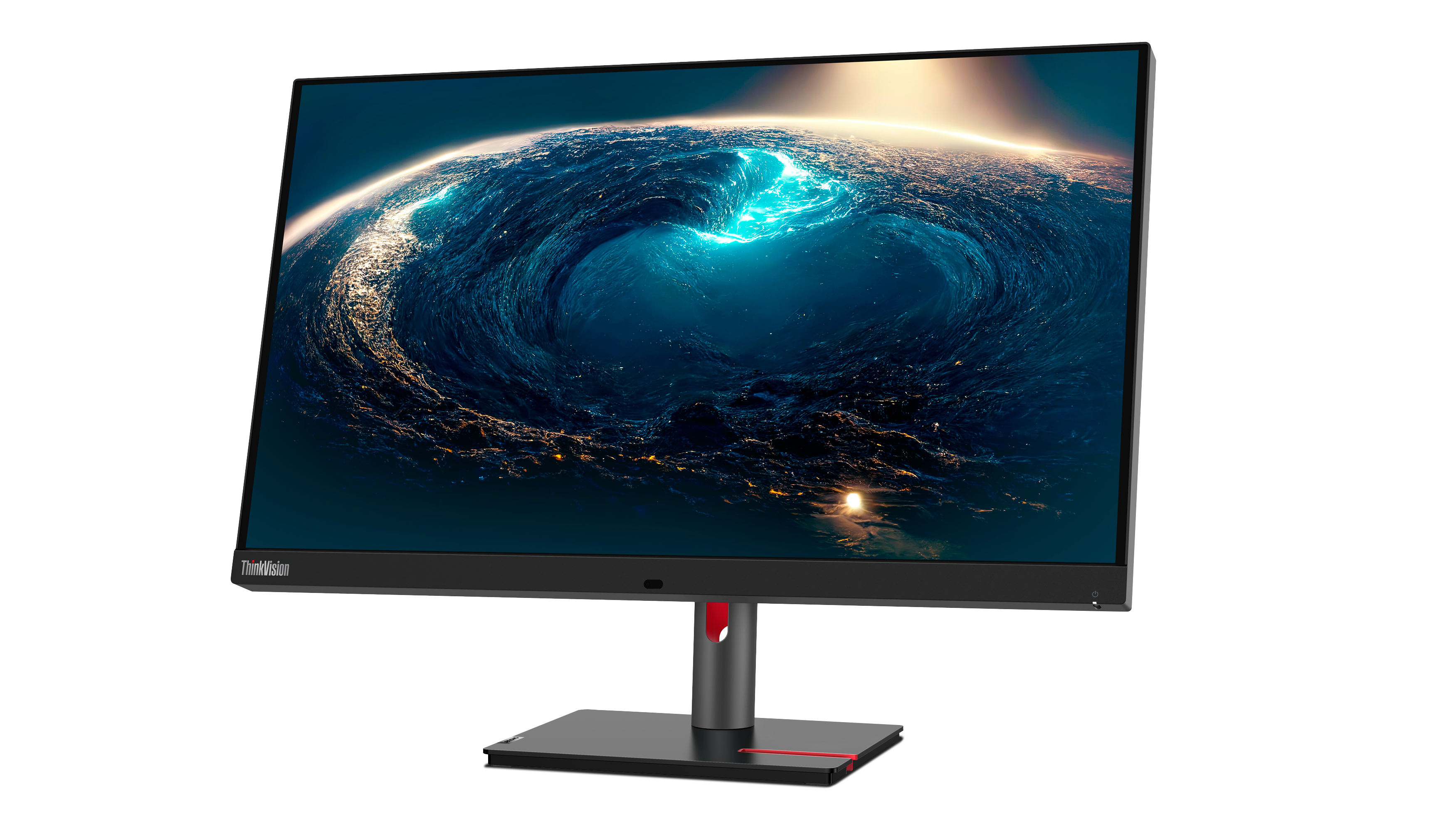 Monitor Lenovo ThinkVision wyświetla wirujący niebieski wir na czarnym ekranie.