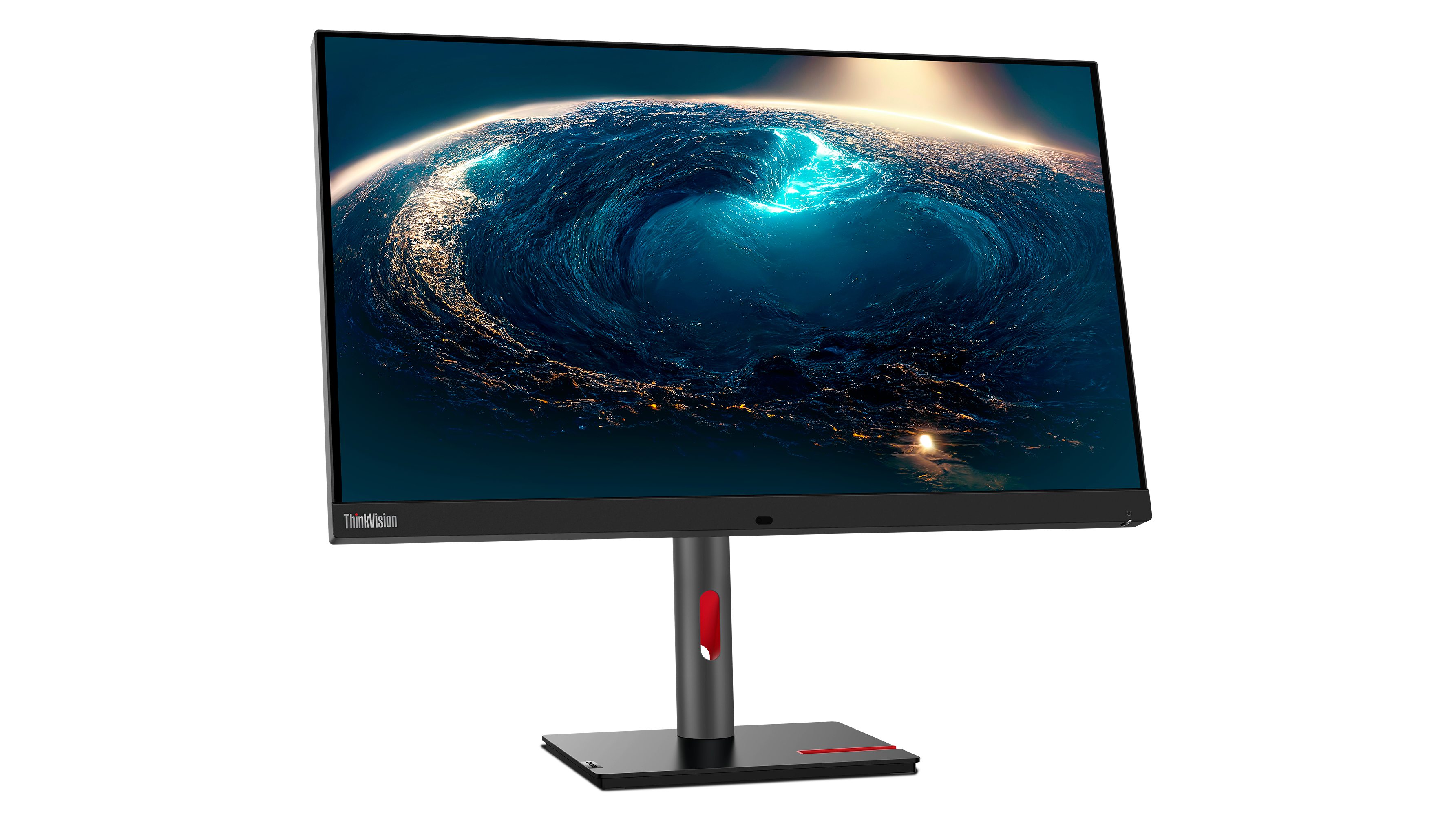 Czarny monitor Lenovo wyświetlający wirujący niebiesko-biały obraz abstrakcyjny, ze stojakiem.