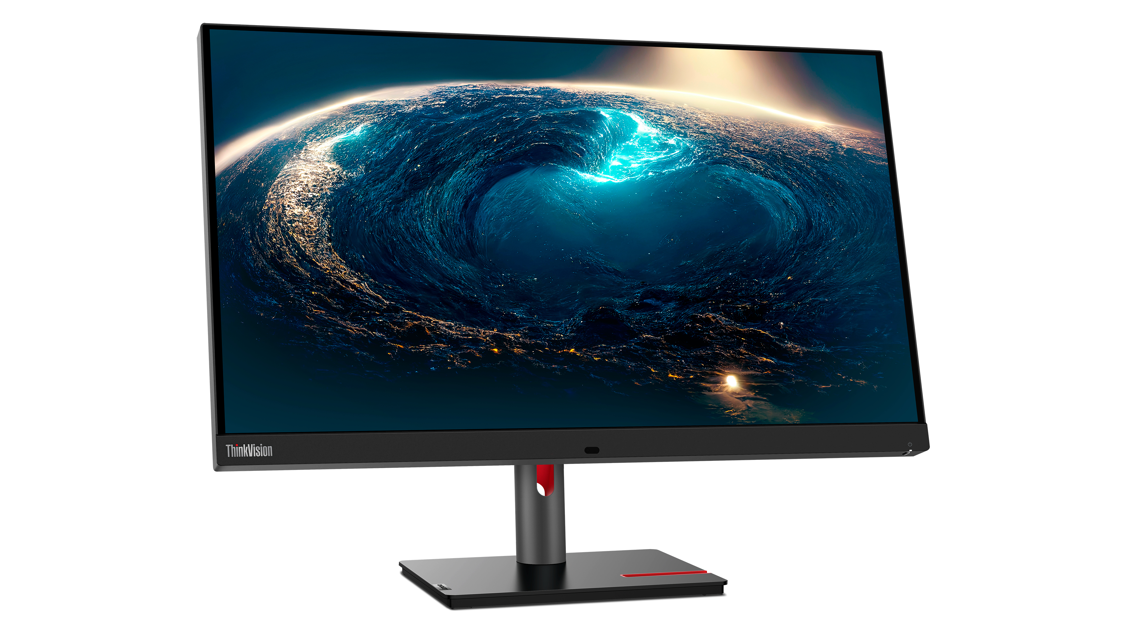 Monitor Lenovo ThinkVision przedstawia wirującą scenę wody. Ma czarno-czerwoną podstawę.