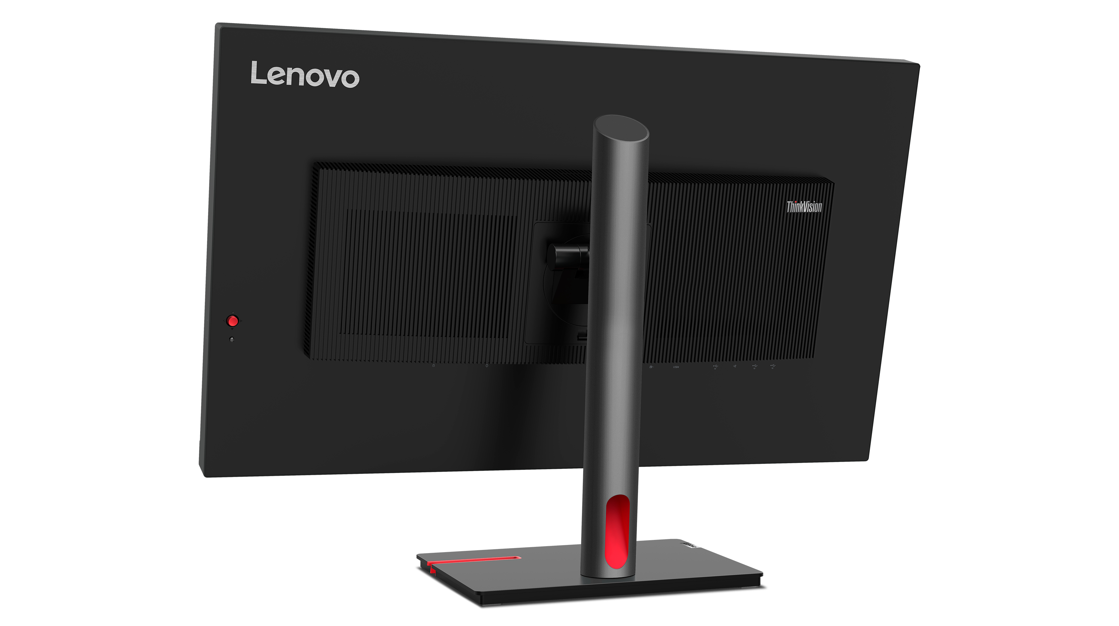 Tył monitora Lenovo ThinkVision, z logo Lenovo na górze i podstawką.