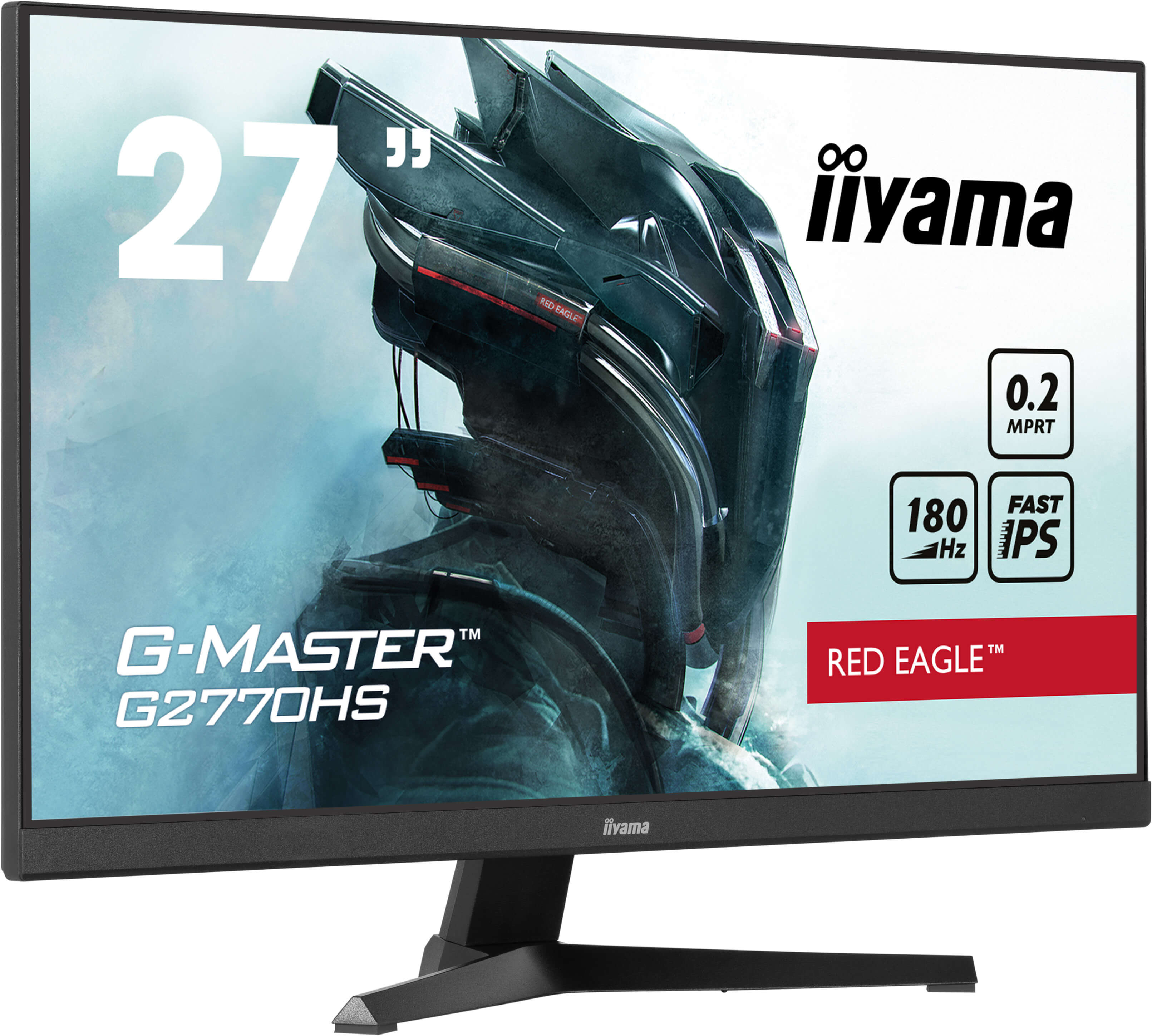 Monitor Iiyama. Ekran 27 cali. Obraz wojownika-cyborga. Logo Red Eagle.
