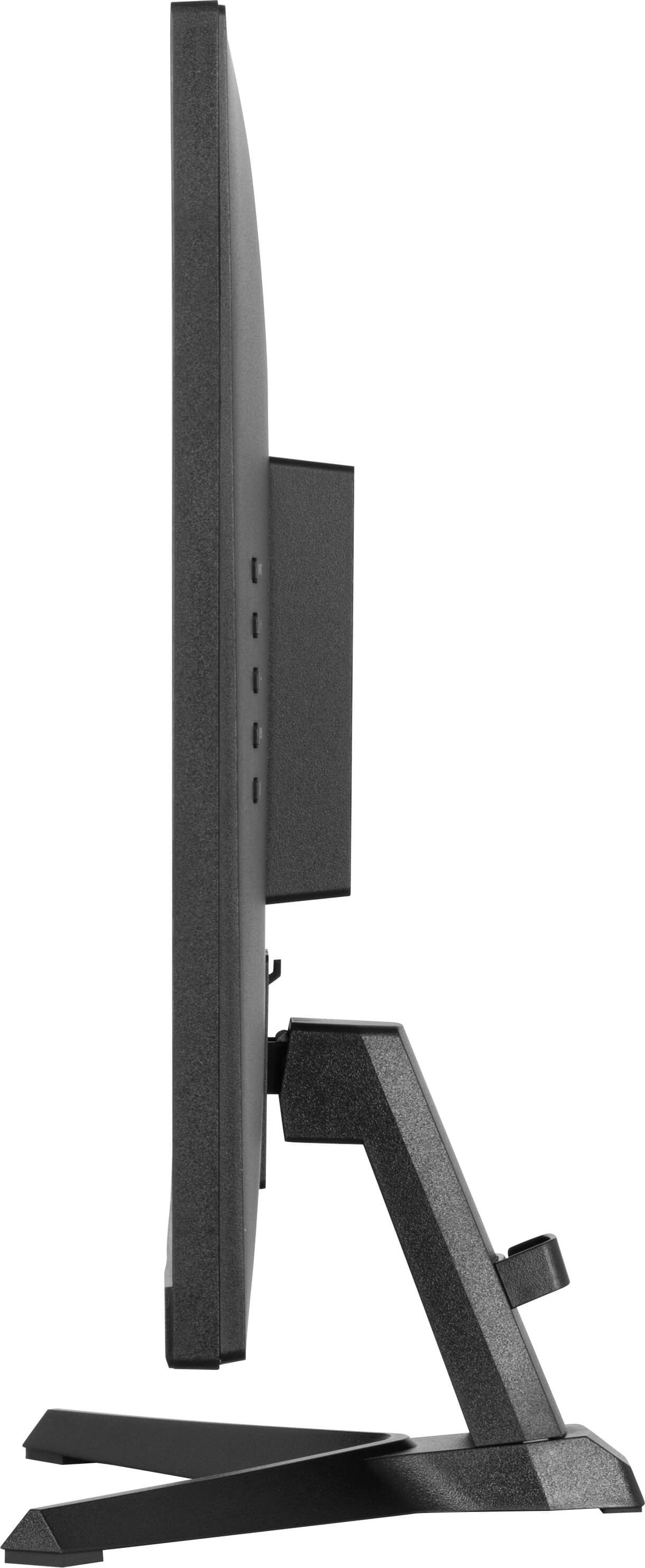 Widok z boku monitora z czarną podstawą i podstawką.