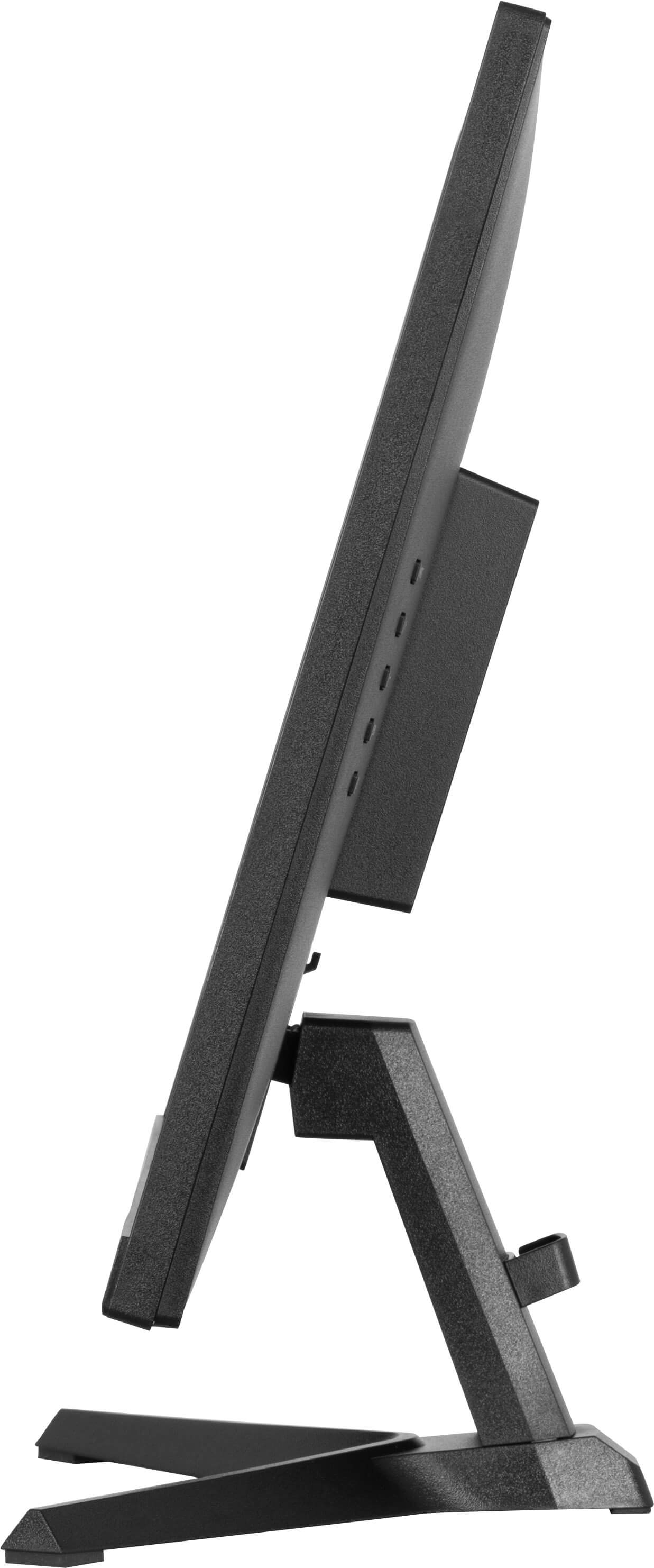 Widok z boku czarnego monitora na czarnym stojaku. Monitor ma cienką ramkę.