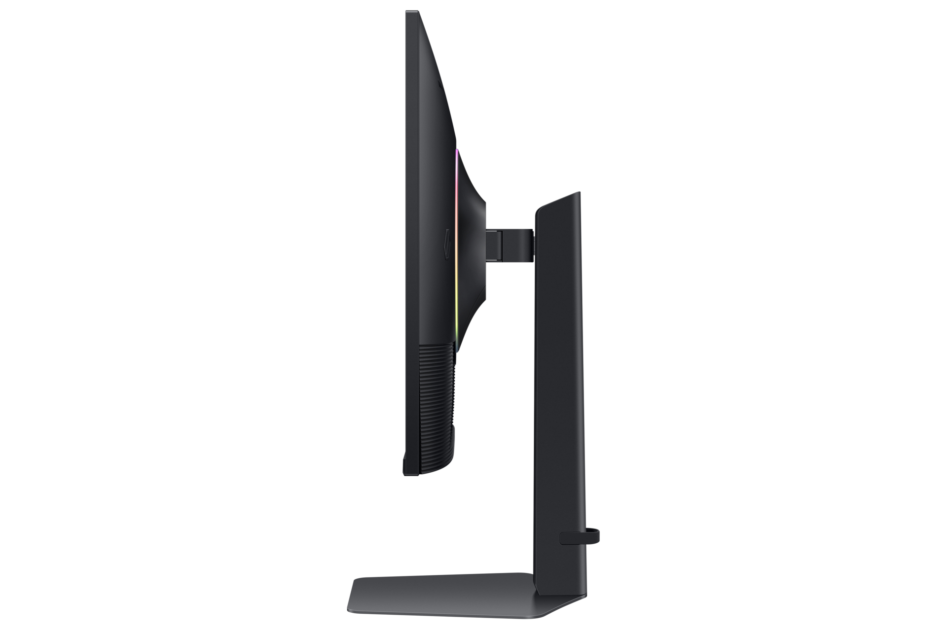 Widok z boku czarnego monitora z podstawą. Ma cienkie ramki i ciemnoszarą podstawę.