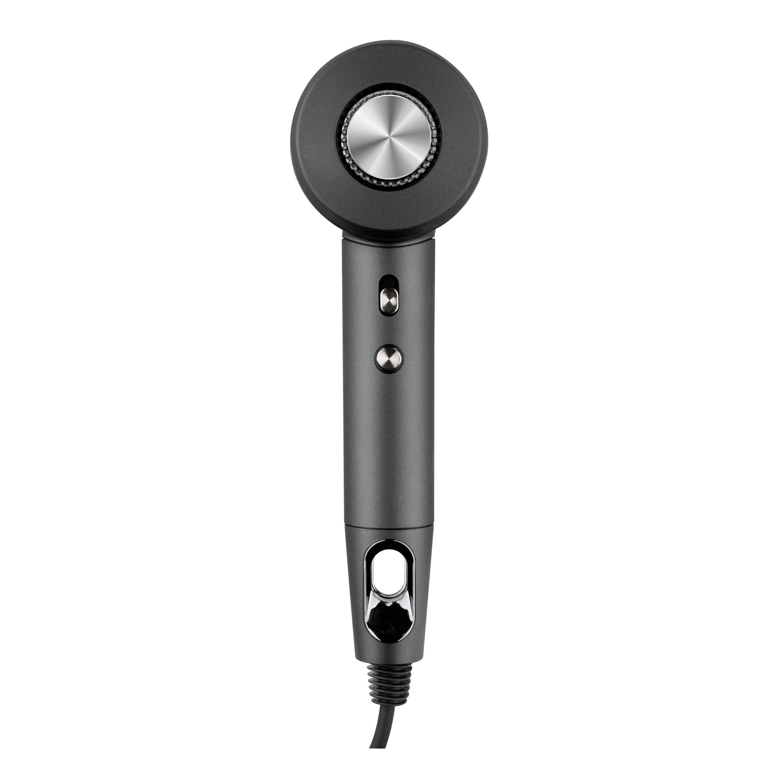 Ciemnoszara suszarka do włosów ze srebrnym metalowym przyciskiem i pętlą uchwytu.