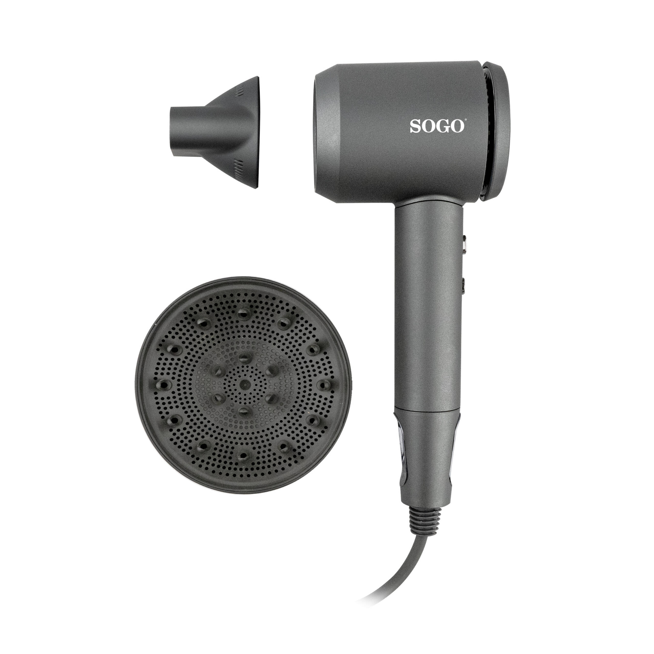 Szara suszarka do włosów SOGO z nasadkami.