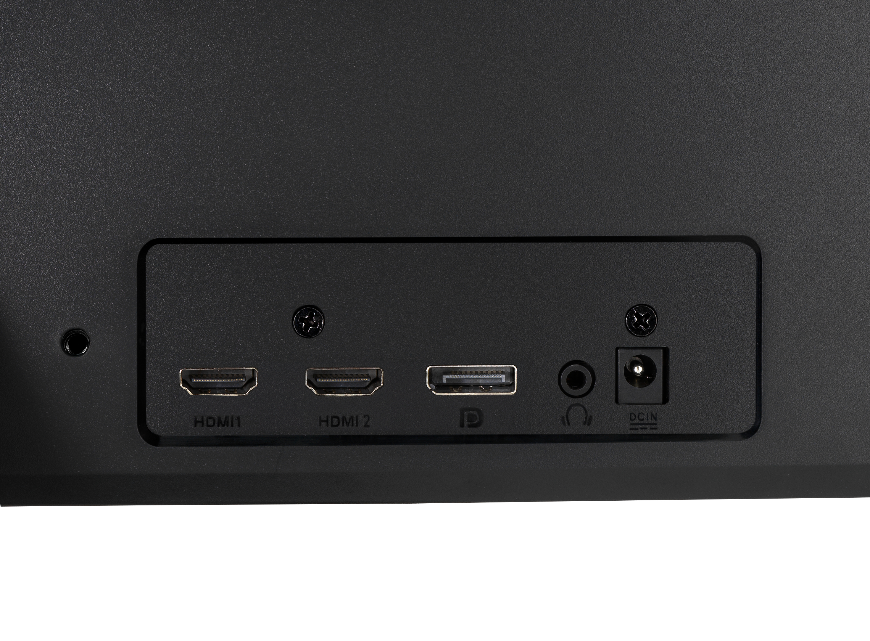 Poorten op een zwarte monitor: HDMI, USB, audio en stroom.