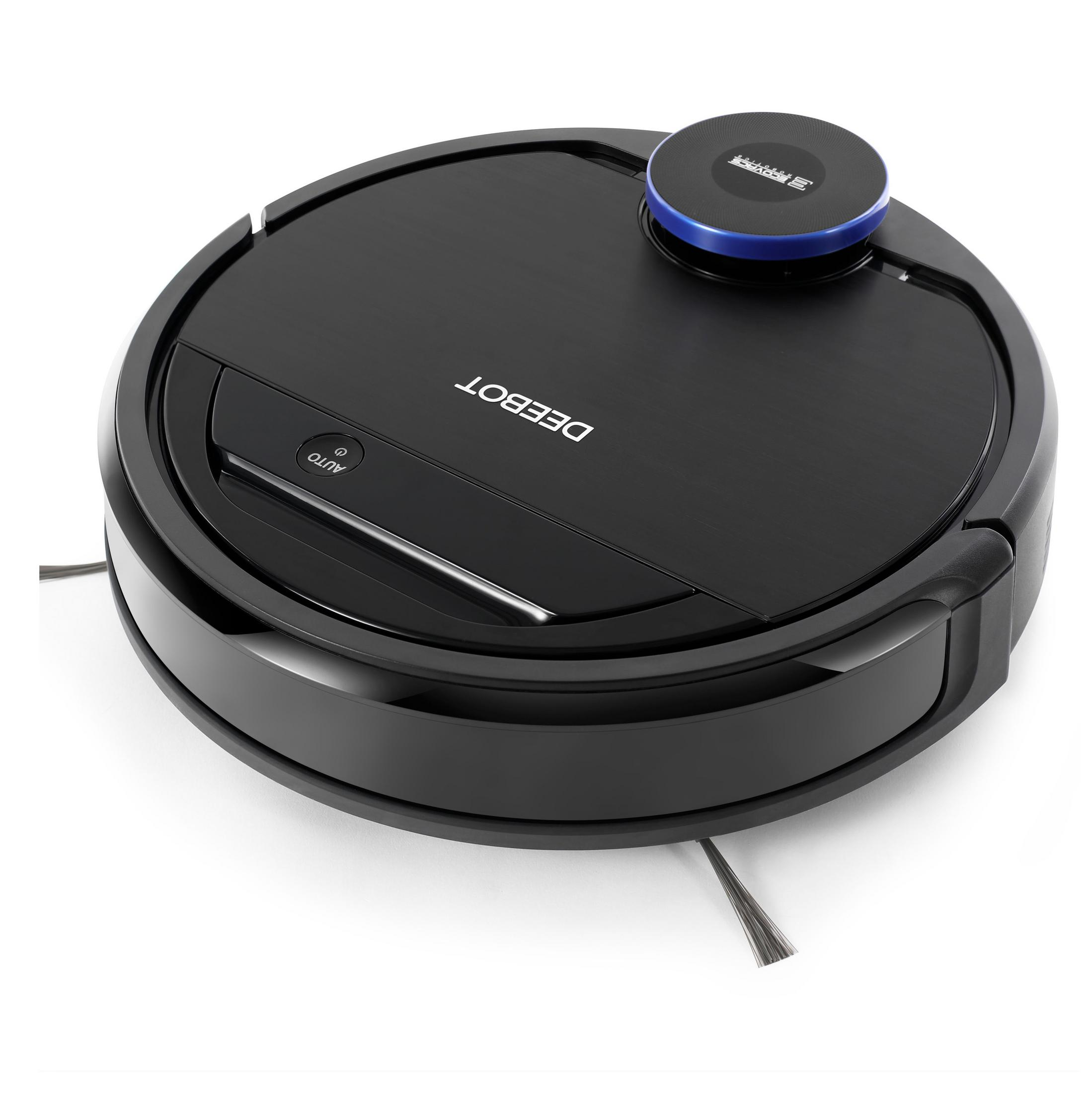 Czarny odkurzacz robot na białym tle, widok z góry, z logo DEEBOT.