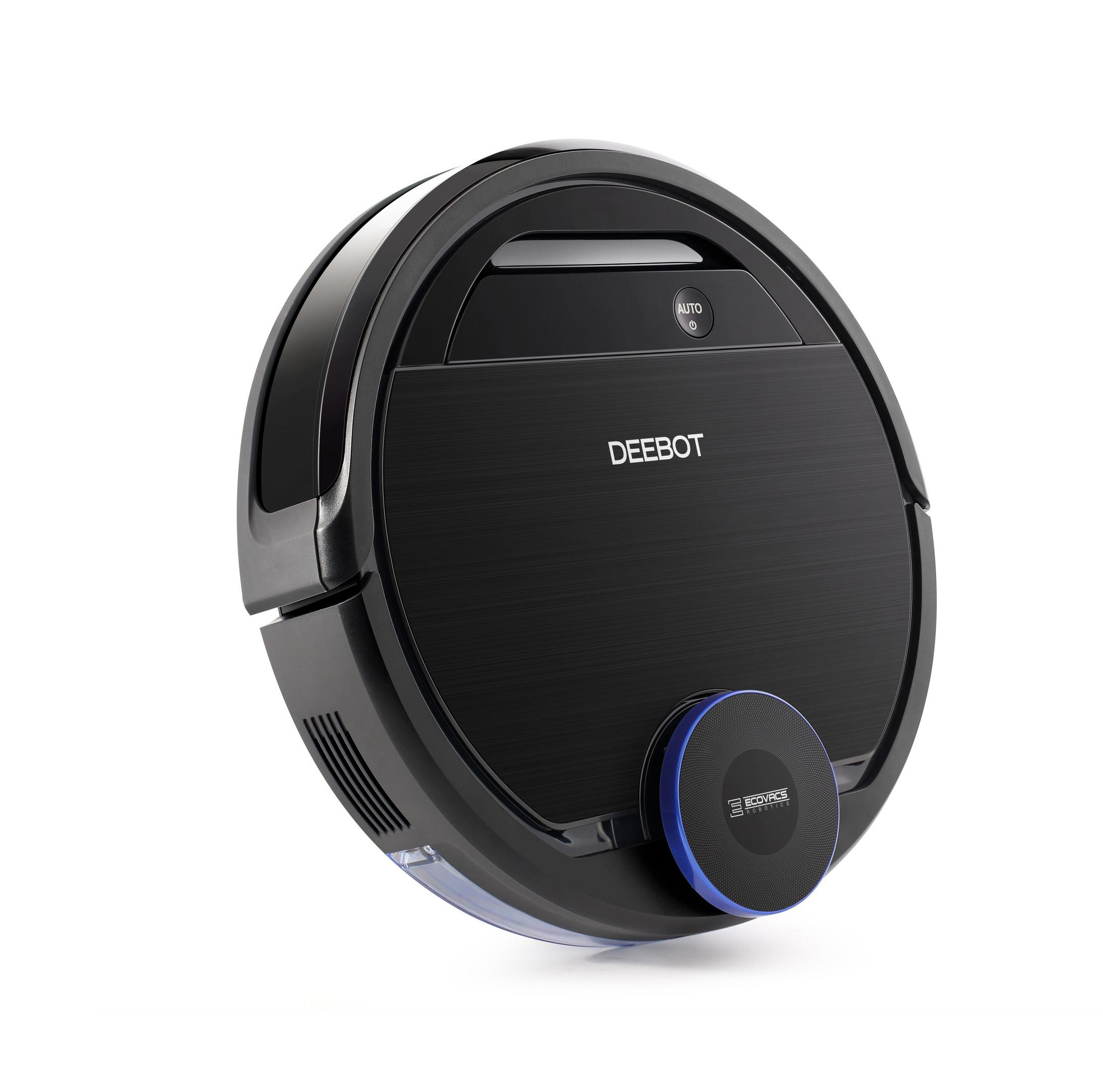 Czarny odkurzacz robot DEEBOT na białej powierzchni.