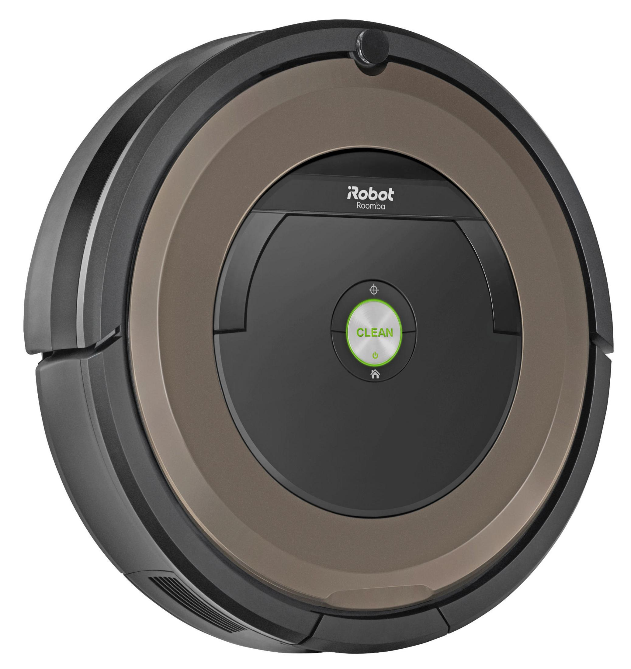 Un aspirapolvere robot Roomba nero e marrone. Ha un design circolare con un pulsante di pulizia.