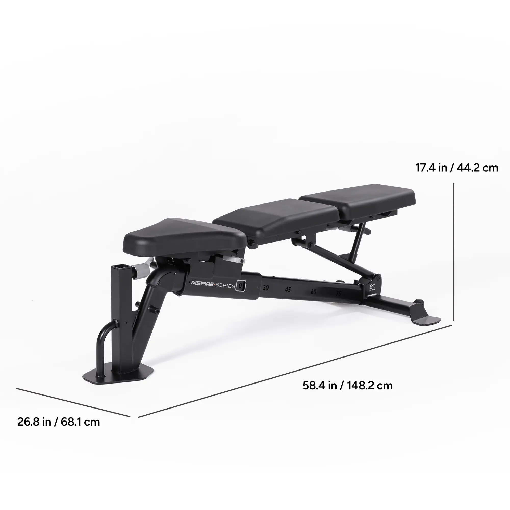 Black weight bench with Inspire Series on the frame, dimensions in inches.