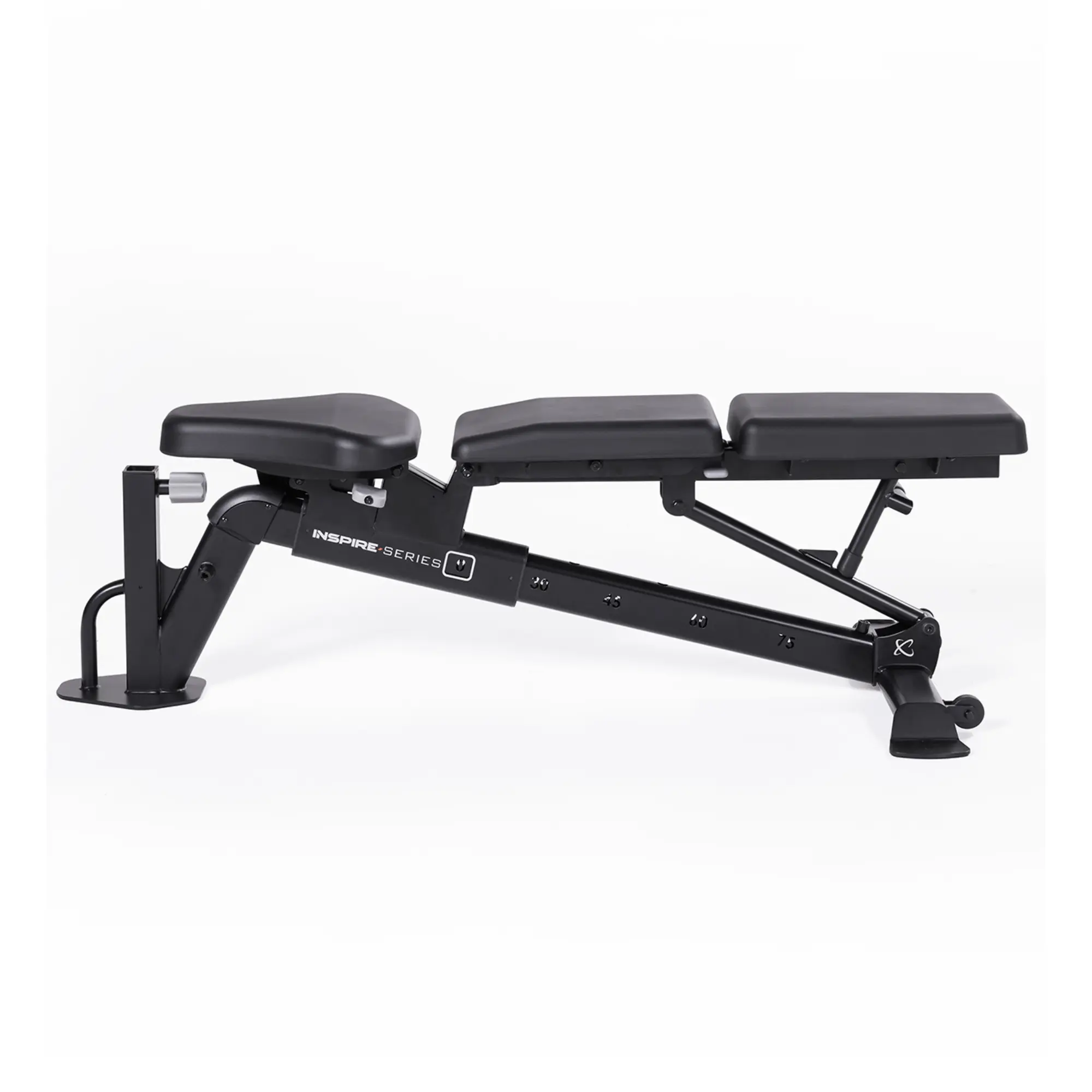 Black weight bench with Inspire Series on the frame.