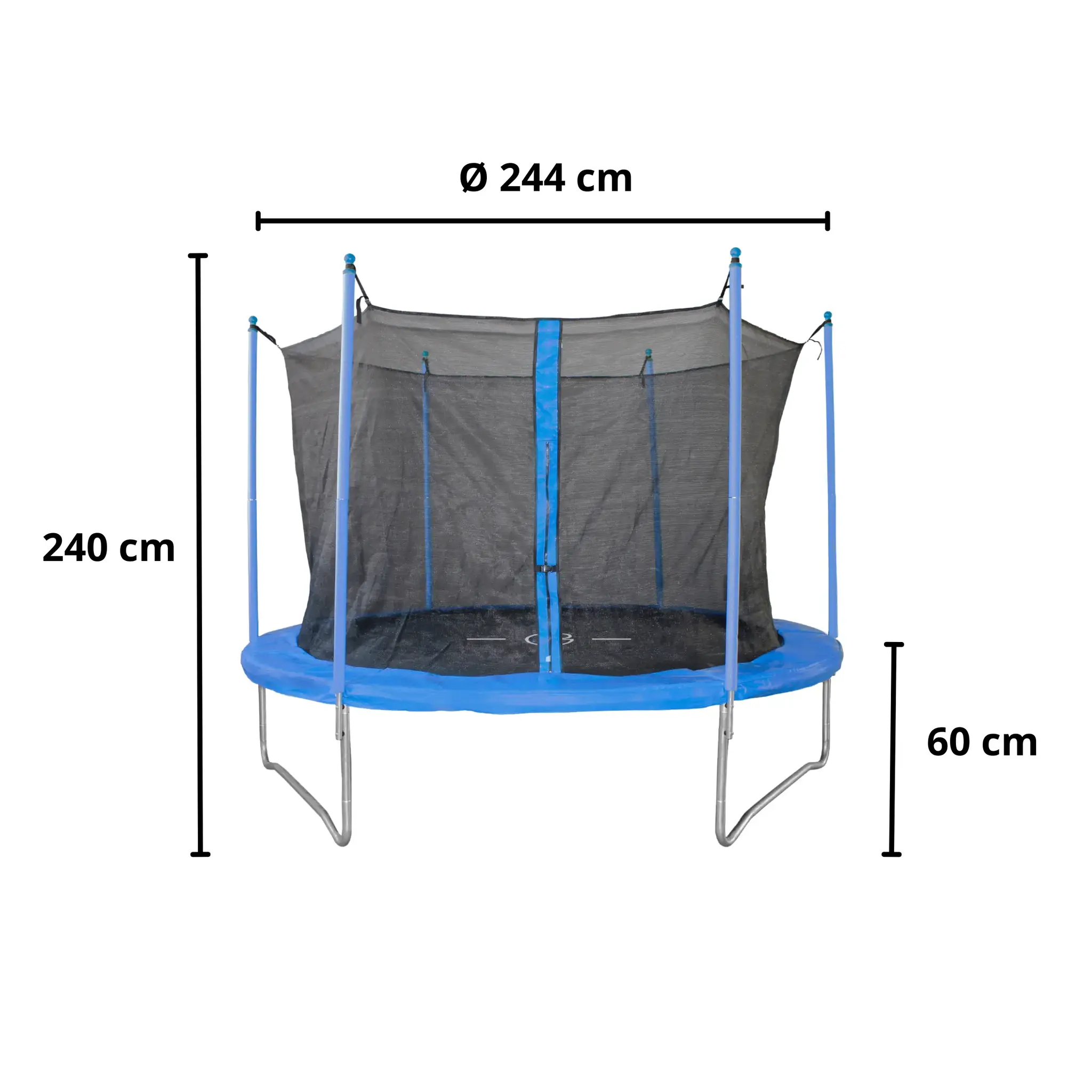 Een blauwe trampoline met een veiligheidsnet. Afmetingen: 240 cm hoog, 244 cm diameter, 60 cm hoog.