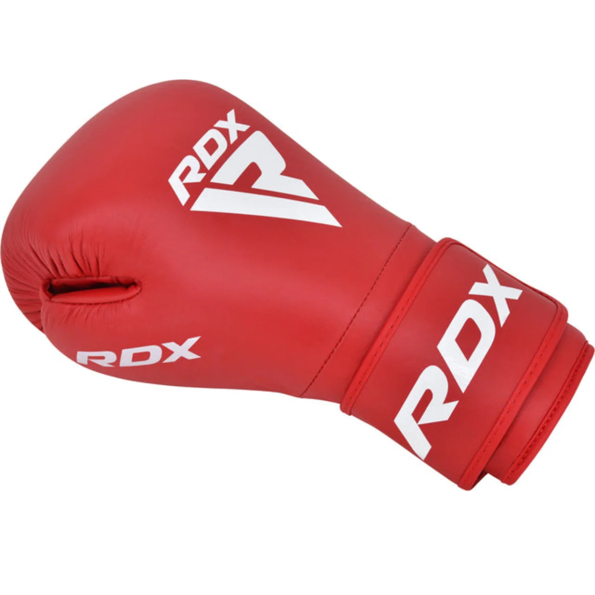 Red boxing glove with white branding on a white background.