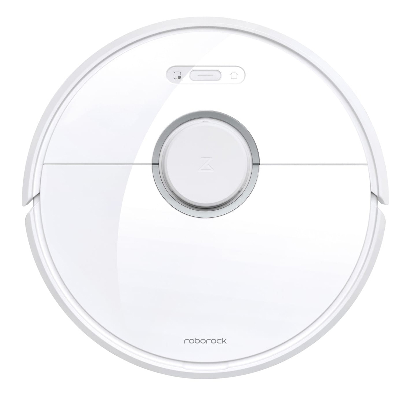 Biały, okrągły odkurzacz automatyczny z wyśrodkowaną, podniesioną srebrną sekcją i logo „roborock” na dole.