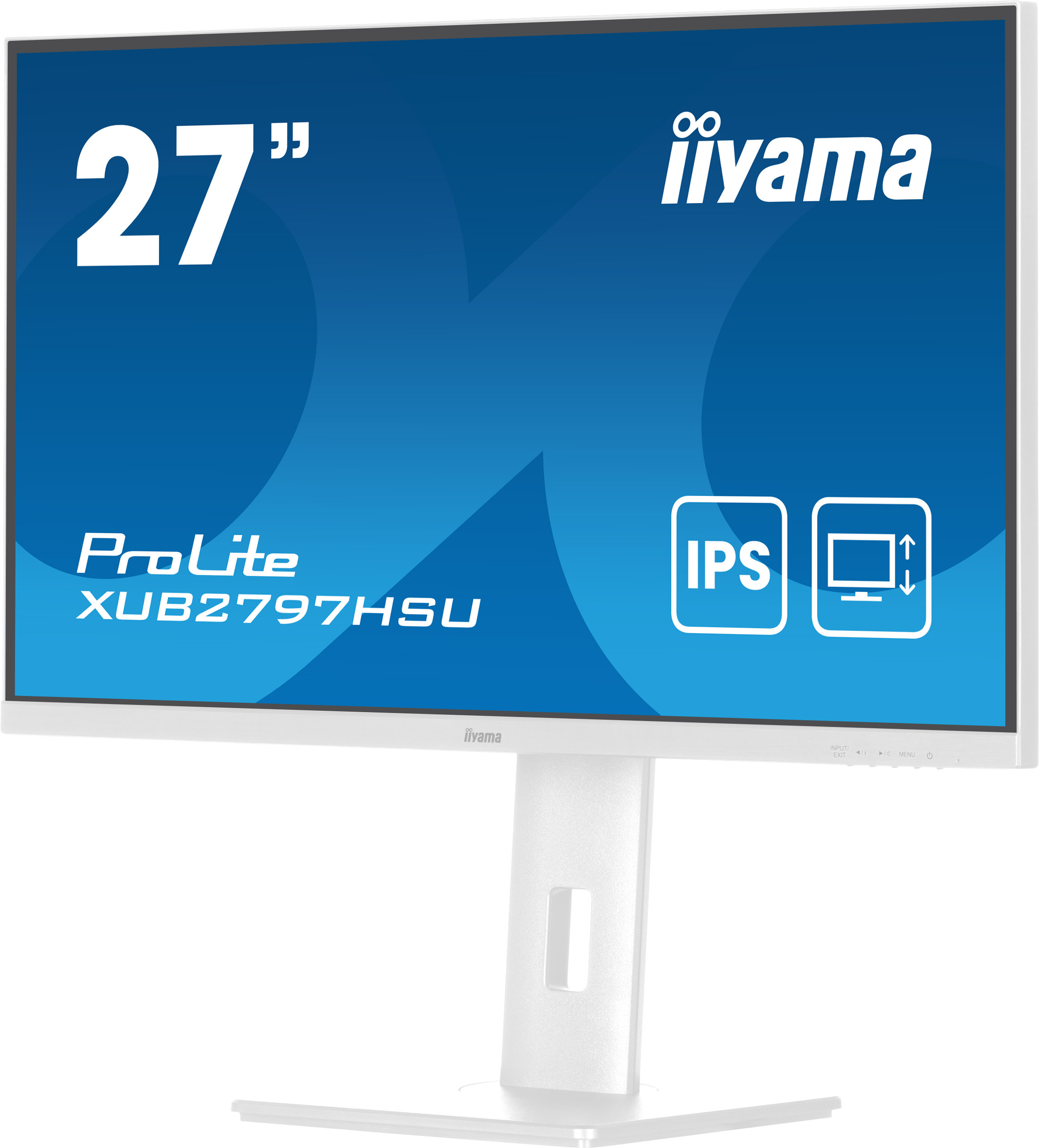 Biały monitor z niebieskim ekranem wyświetlającym tekst. Monitor ma podstawę i białą ramkę.