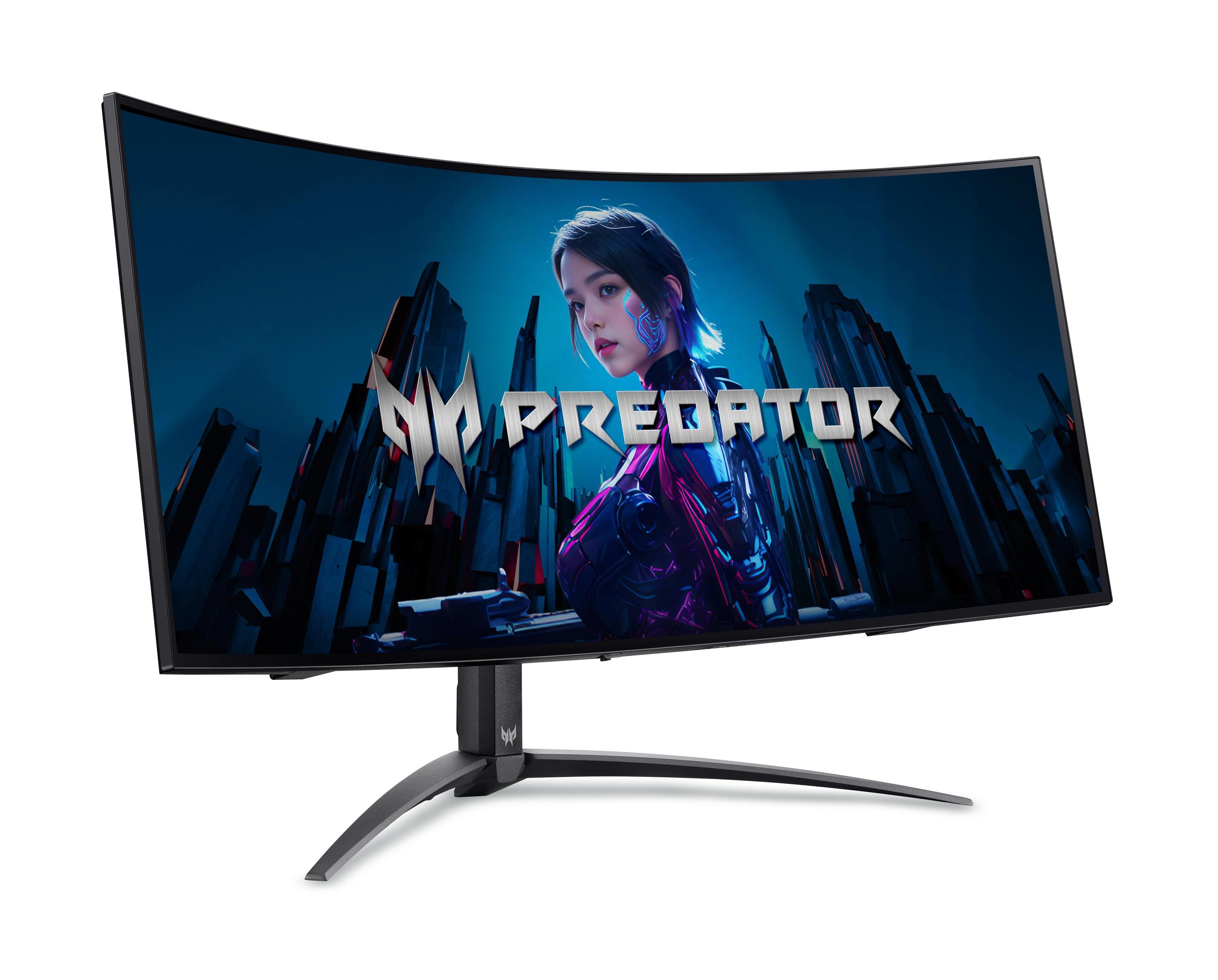 Un moniteur de jeu incurvé affichant une interface de jeu. Le moniteur a un cadre et un support noirs.