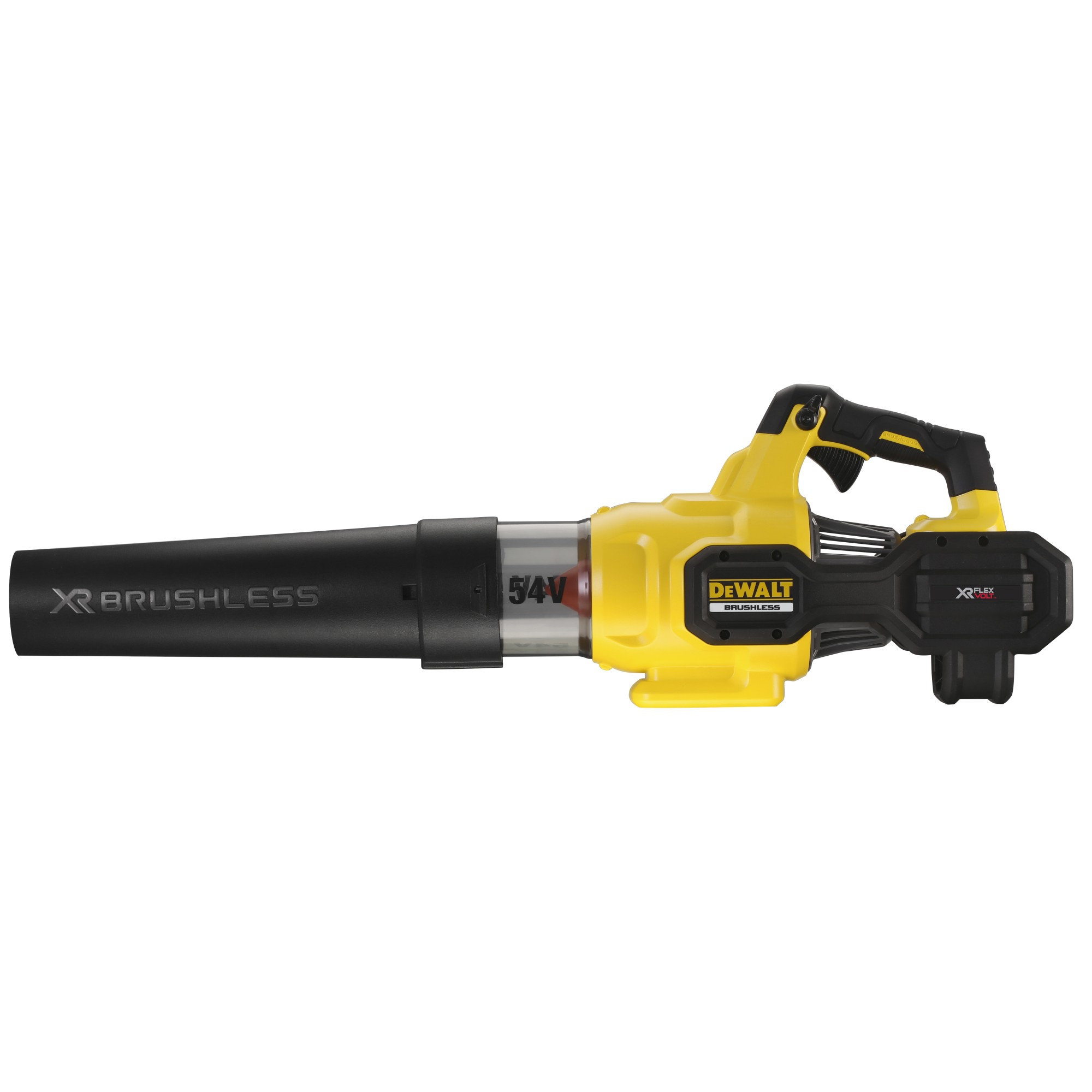 Gelb-schwarzes Laubgebläse mit XR BRUSHLESS und DEWALT Marke sichtbar.