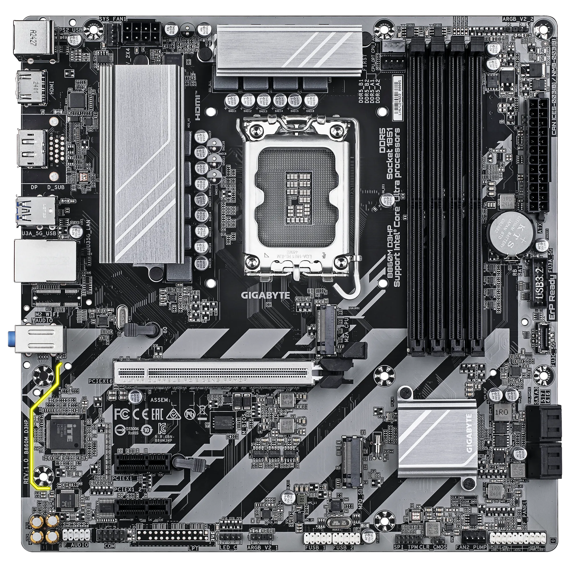 Black and gray motherboard with various electronic components and a CPU socket.