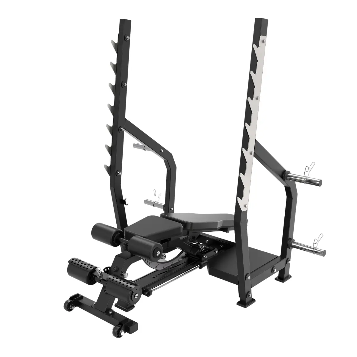 Black weight bench with barbell rack, leg extension, and preacher curl.