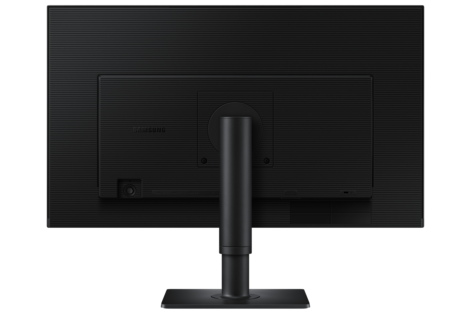 Vista posteriore di un monitor nero, con marchio Samsung e supporto centrale. Diverse porte sono visibili.