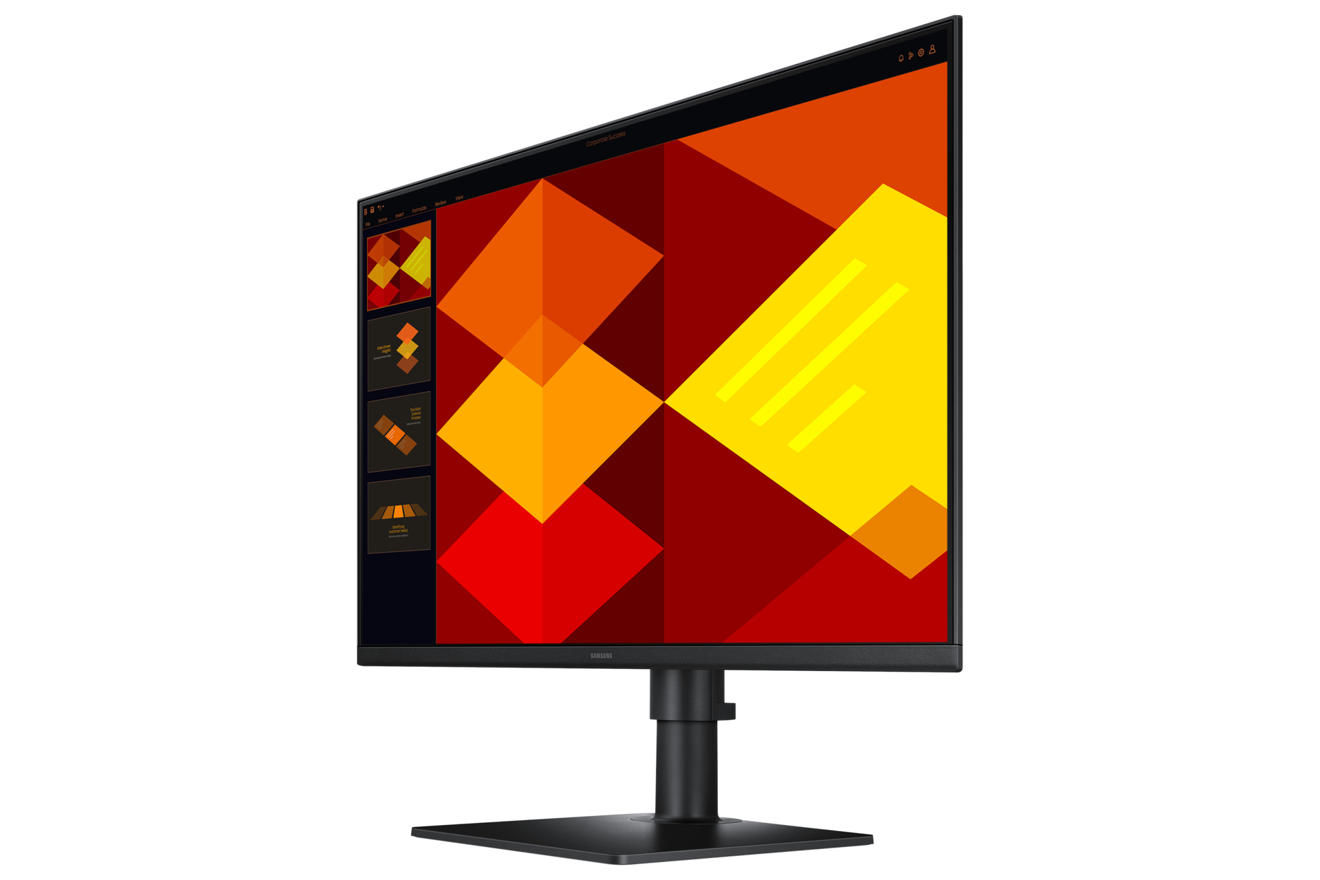 Un monitor di computer che mostra forme geometriche colorate, supporto nero.