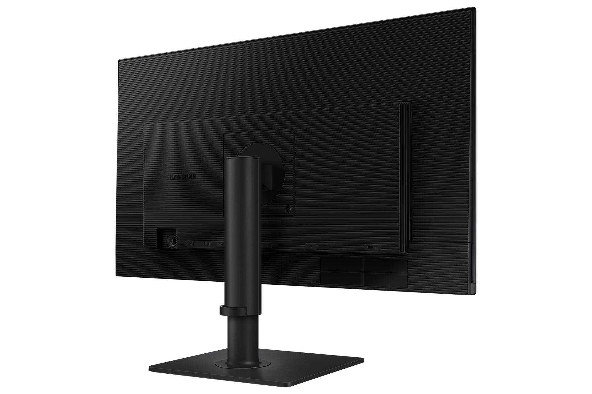 Vista posteriore di un monitor nero, con porte, supporto e base quadrata.
