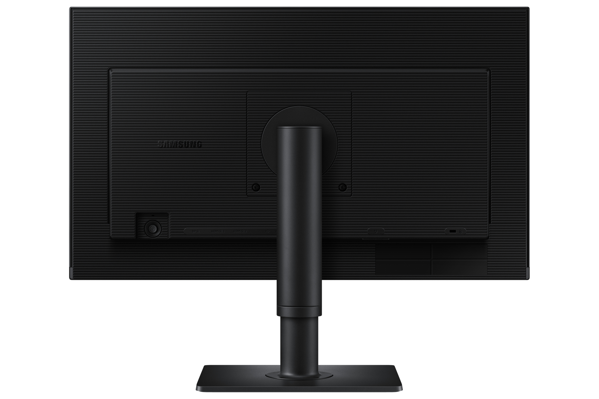 Una vista laterale di un monitor nero con supporto e base neri su sfondo bianco.