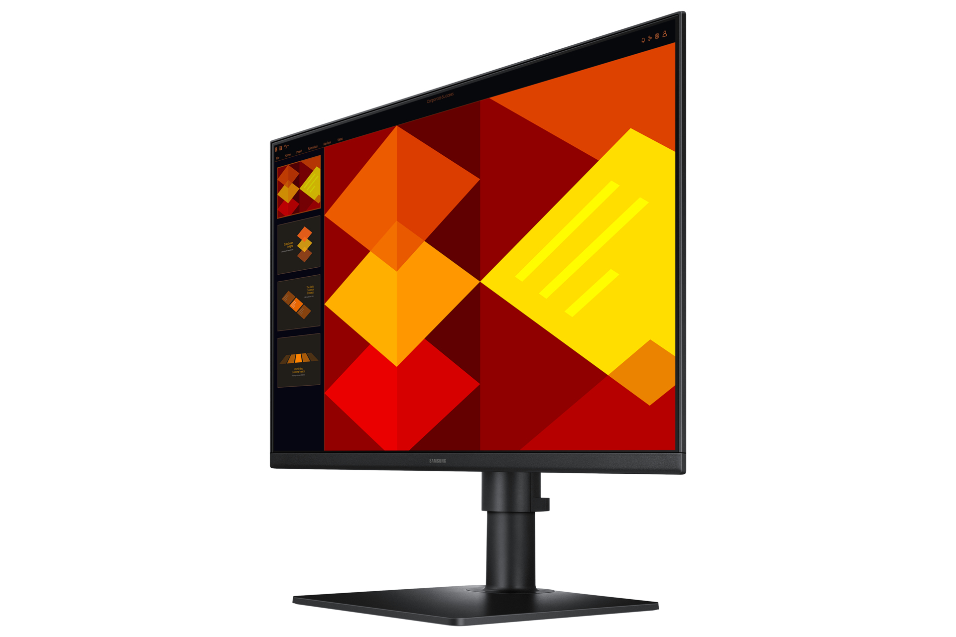 Un monitor su un supporto, che mostra un motivo geometrico astratto con una base nera.