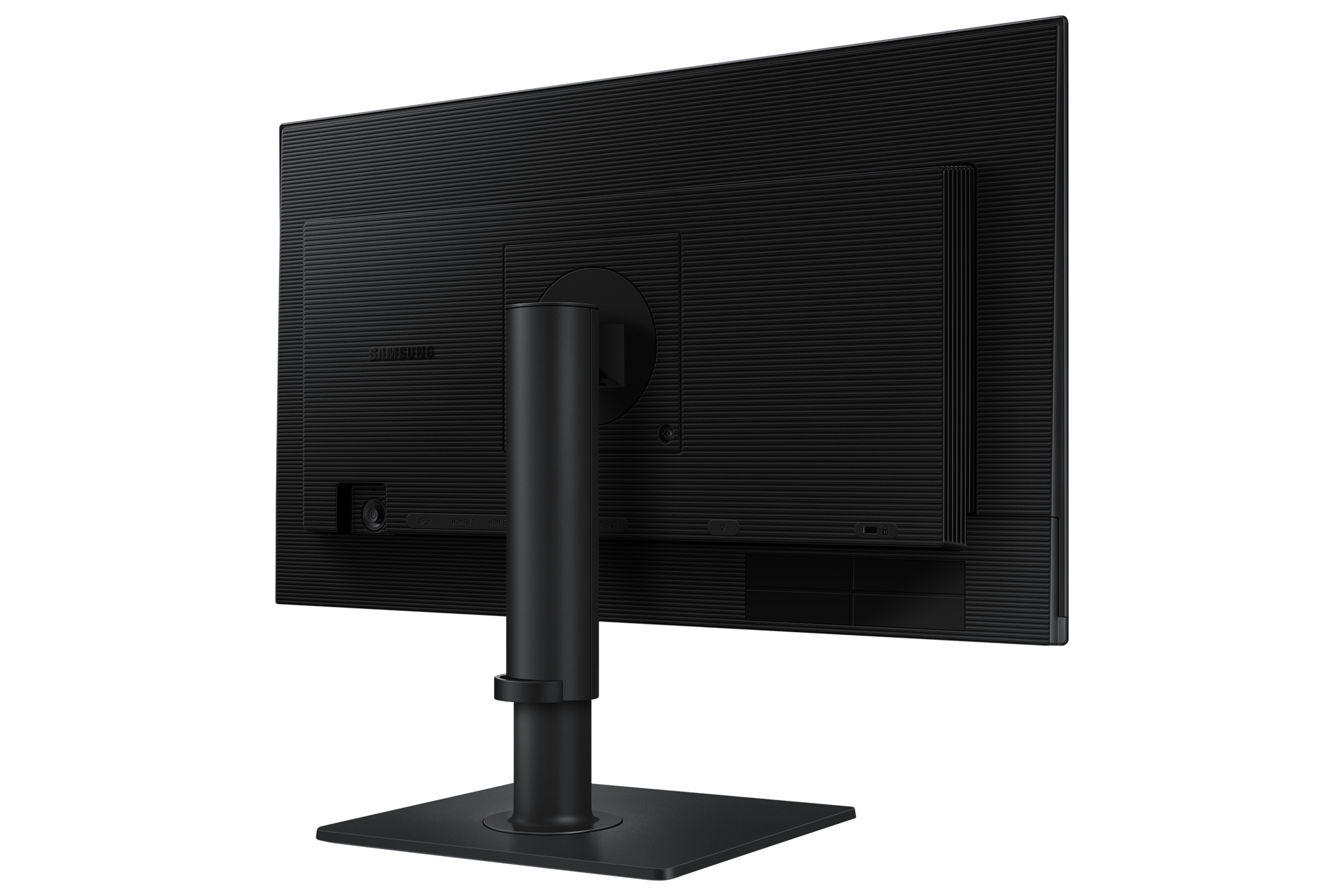 Monitor nero visto da dietro. Ha un supporto e il logo Samsung è visibile.