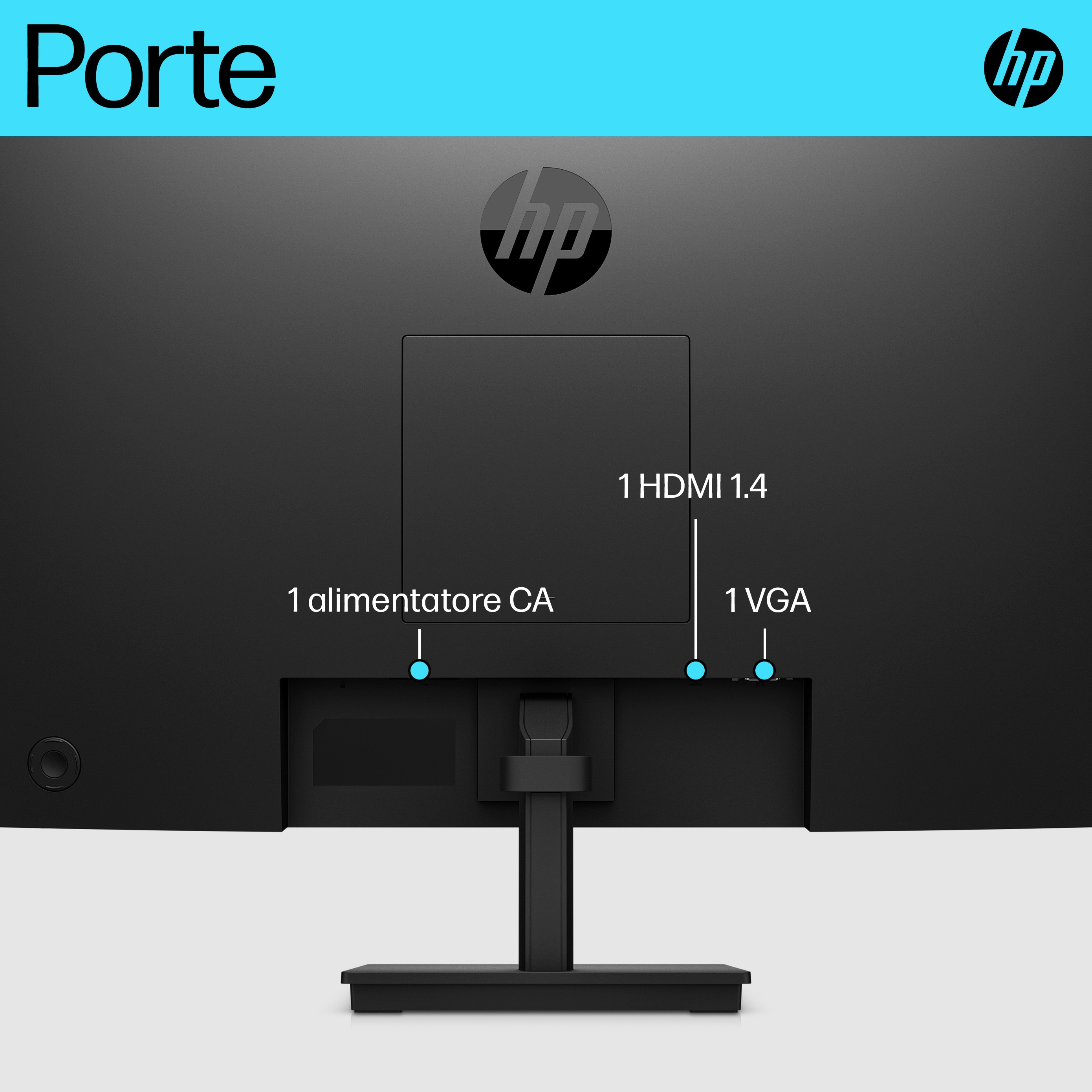 Rückansicht eines HP-Monitors. Zeigt Anschlüsse: 1 HDMI, 1 VGA und Stromeingang.