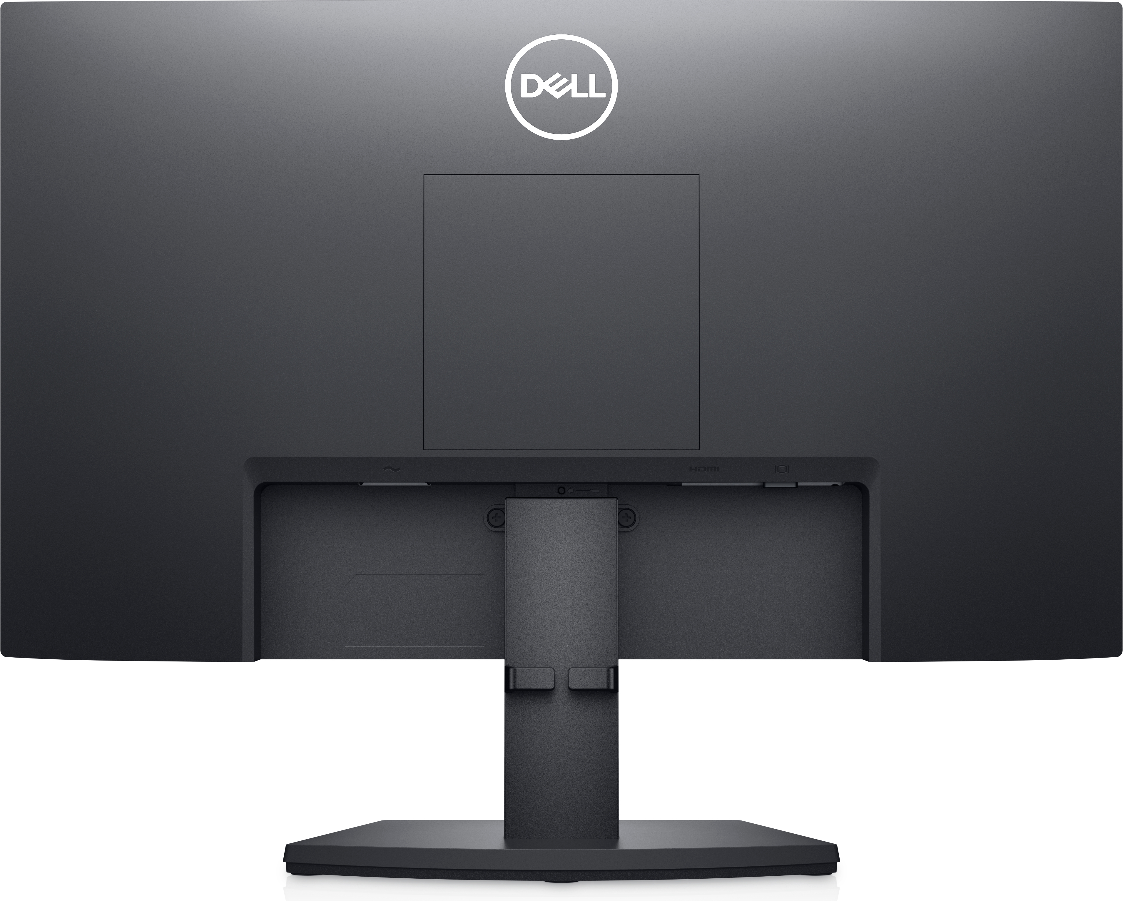 La parte trasera de un monitor Dell negro, mostrando el logotipo de Dell y los puertos. Tiene un soporte.