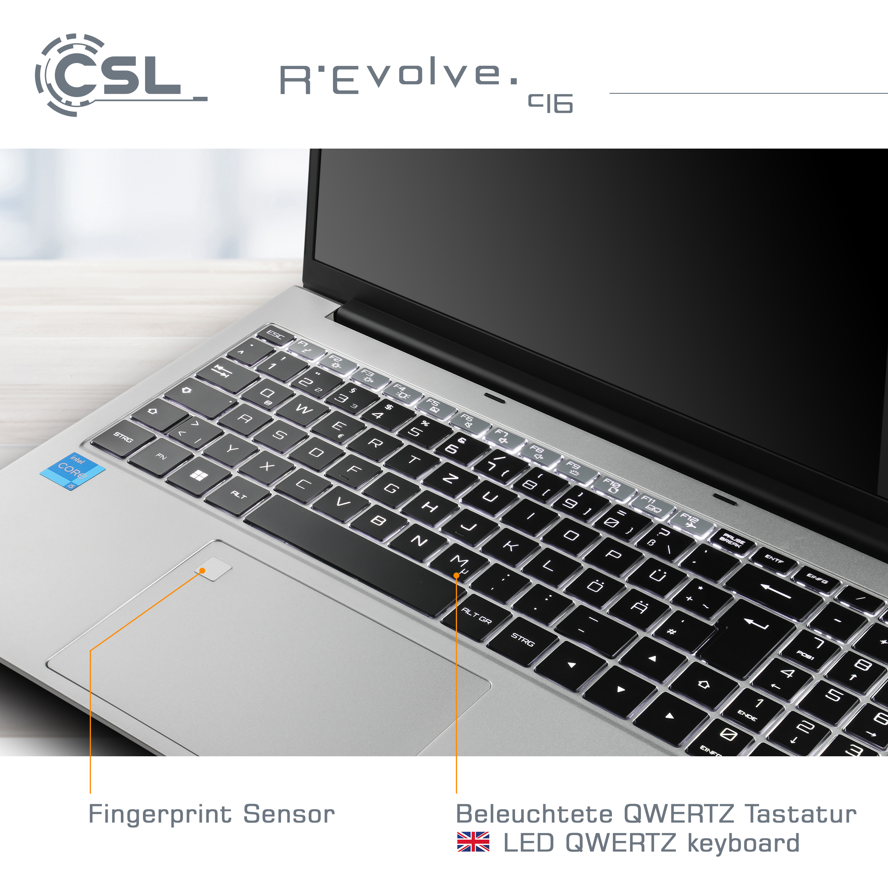 Clavier d'ordinateur portable avec touches QWERTZ éclairées, capteur d'empreintes et surface grise.