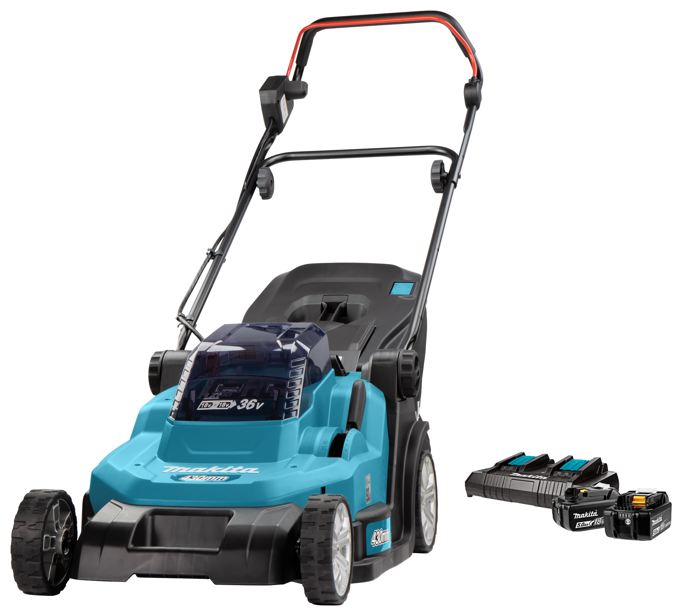 Cortacésped Makita azul claro con dos baterías sobre fondo blanco.