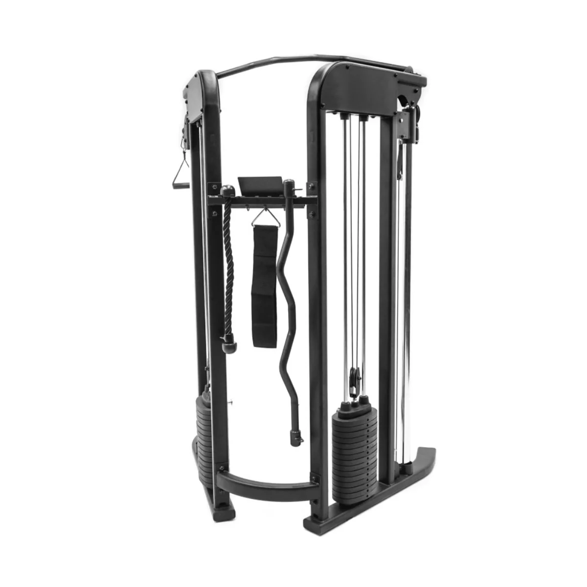 Machine à câbles de gym noire avec poids et poignées.