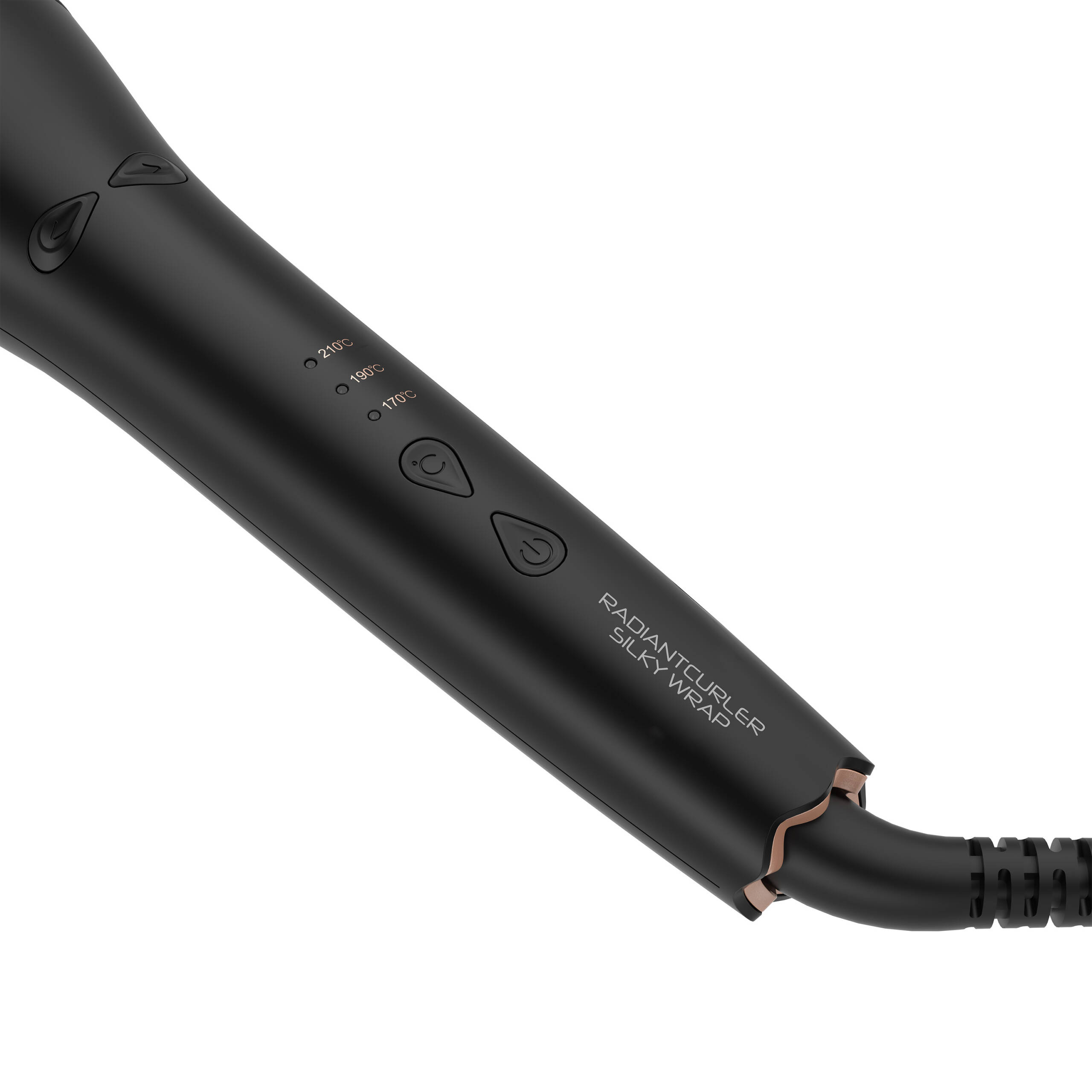 Czarna lokówka z ustawieniami temperatury i marką Radiant Curler Silky Wrap.