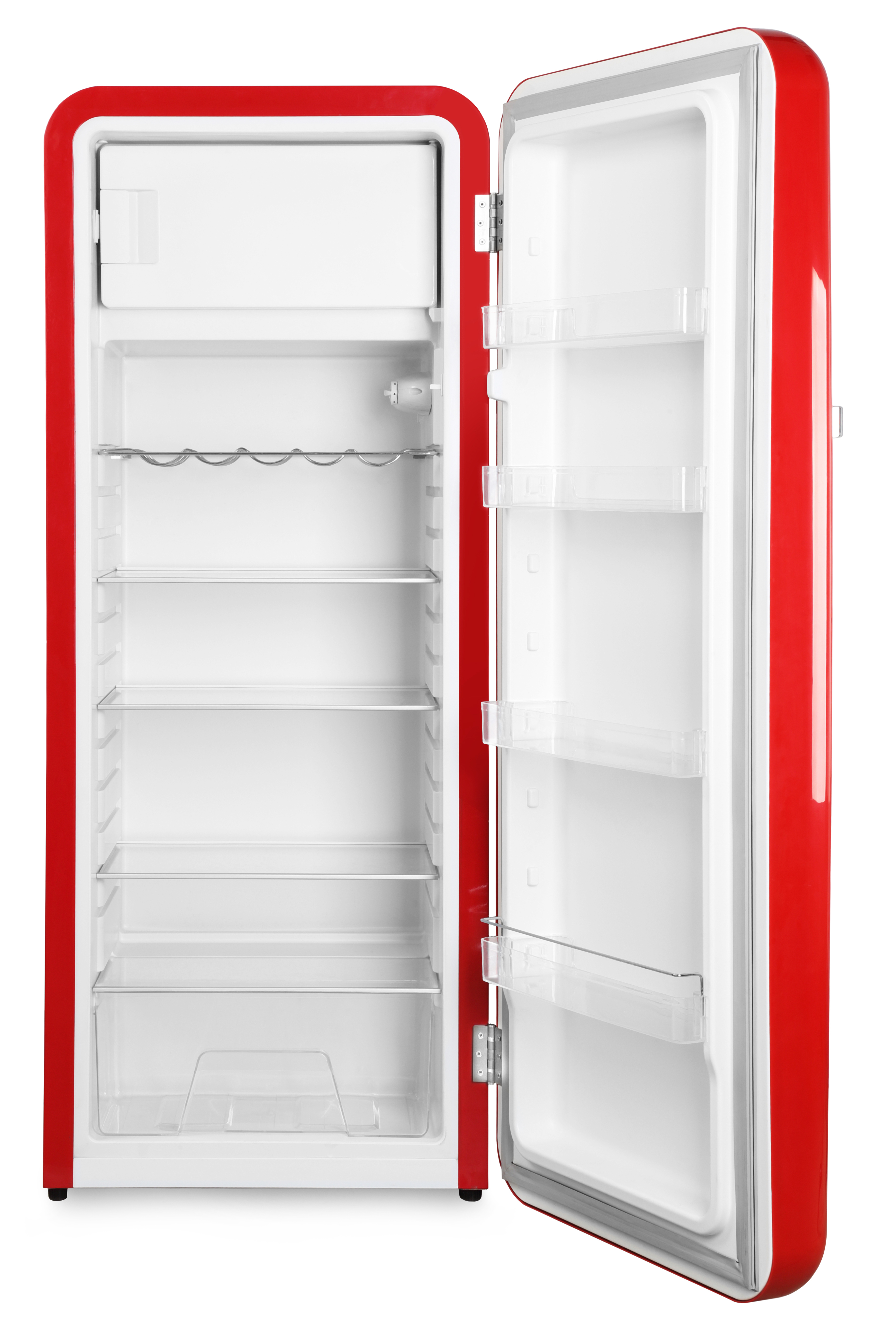 Un réfrigérateur rouge avec la porte ouverte, montrant les étagères et les détails intérieurs.