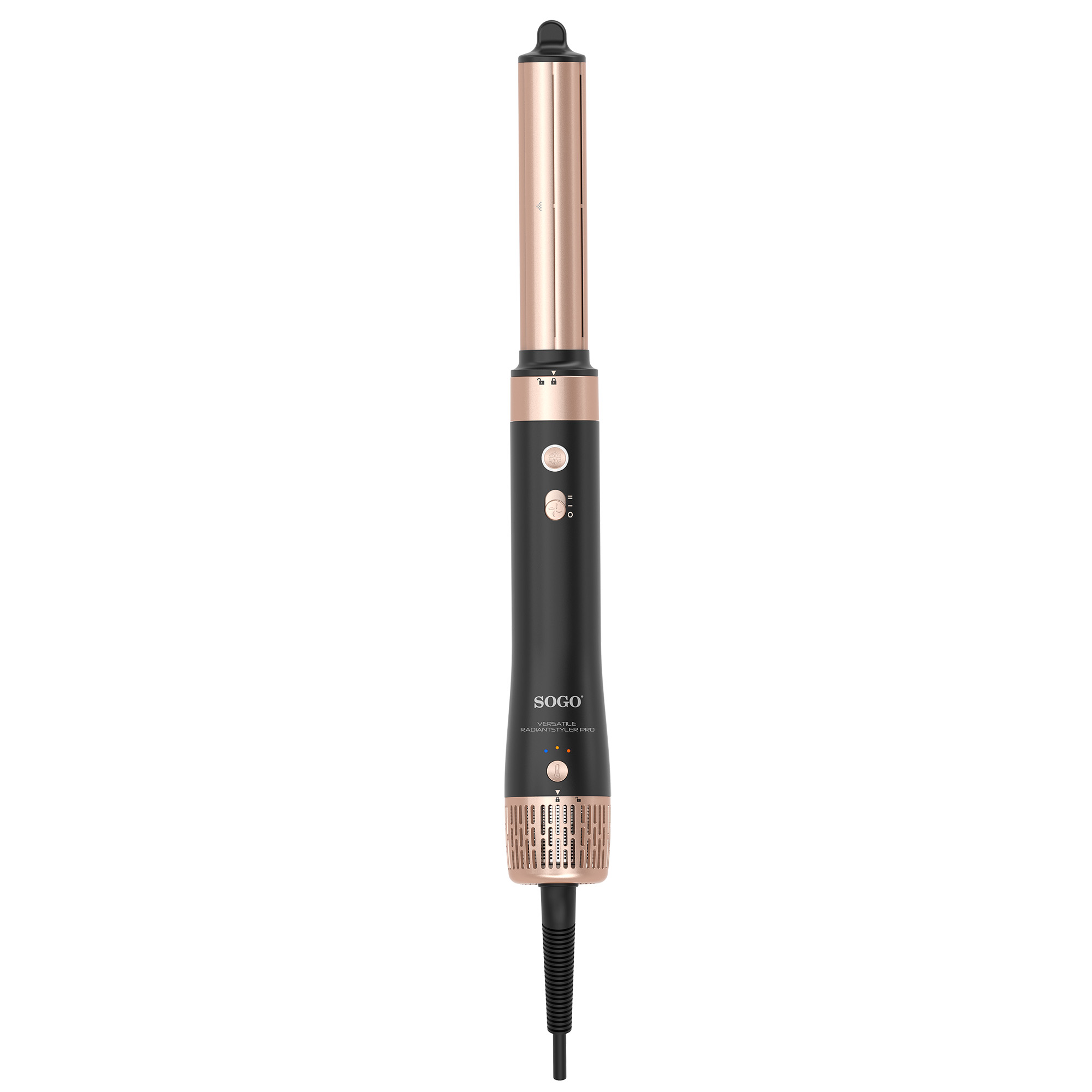 Una spazzola per lo styling dei capelli nera e oro rosa.