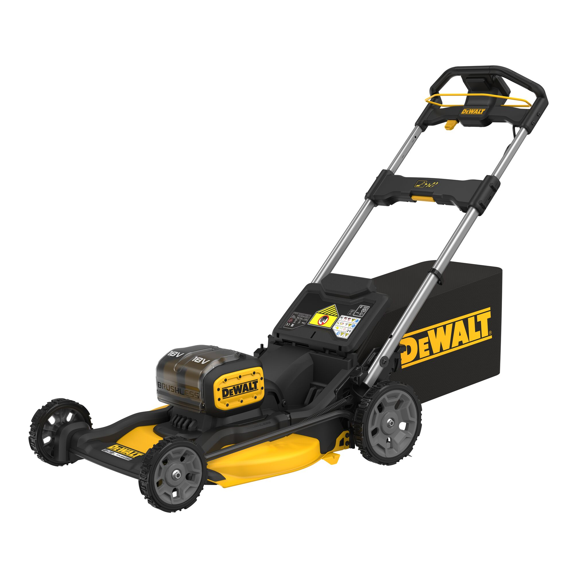 Ein gelb-schwarzer DeWalt-Rasenmäher auf weißem Hintergrund.