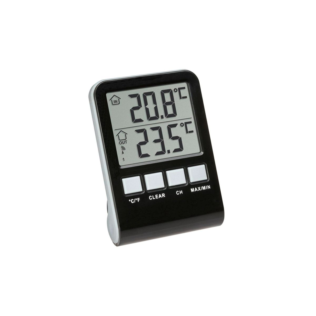 Ein digitales Thermometer. Zeigt Innen- und Außentemperaturen auf dem Bildschirm an.