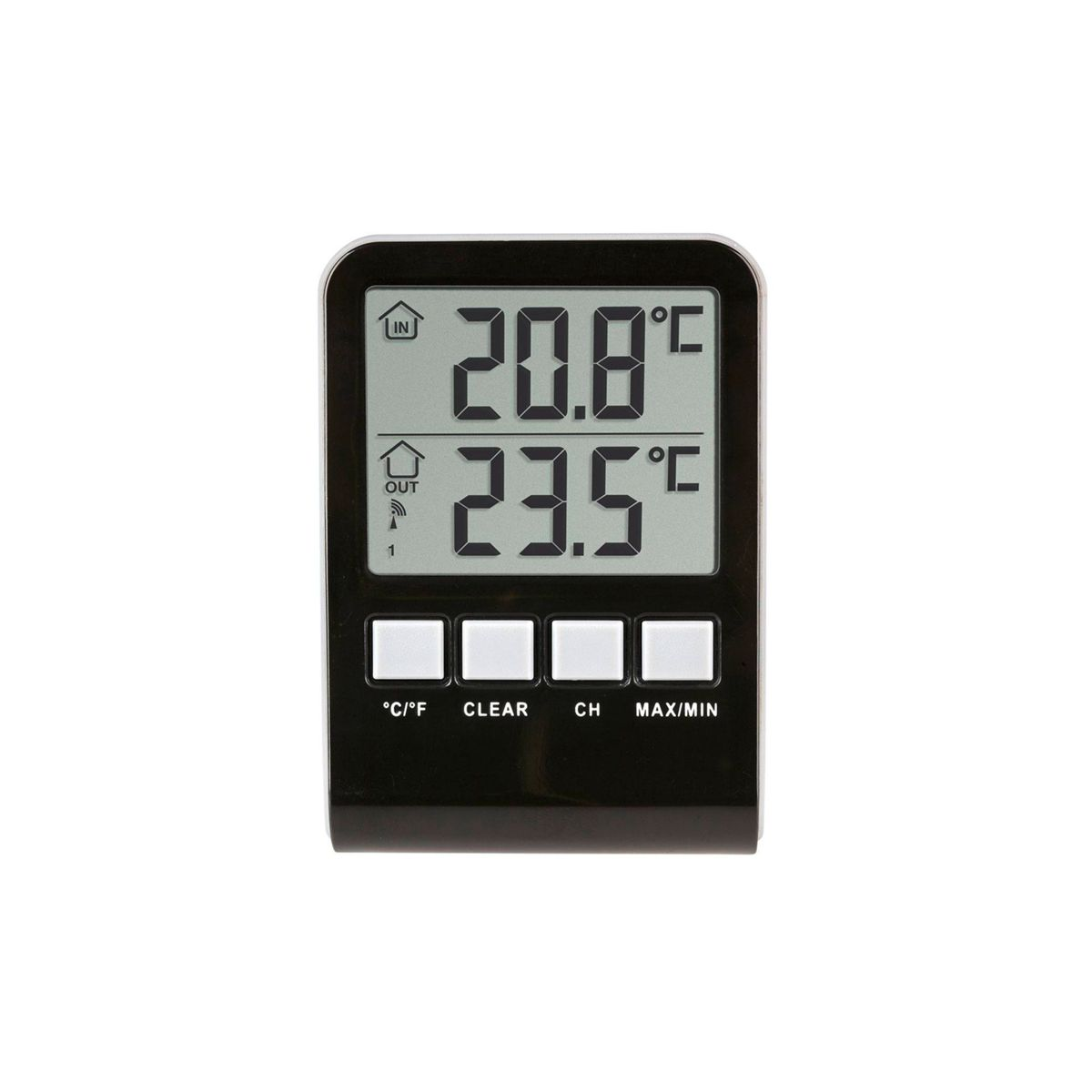 Schwarzes Digitalthermometer mit 20,8°C und 23,5°C. Tasten: °C/F, CLEAR, CH und MAX/MIN.