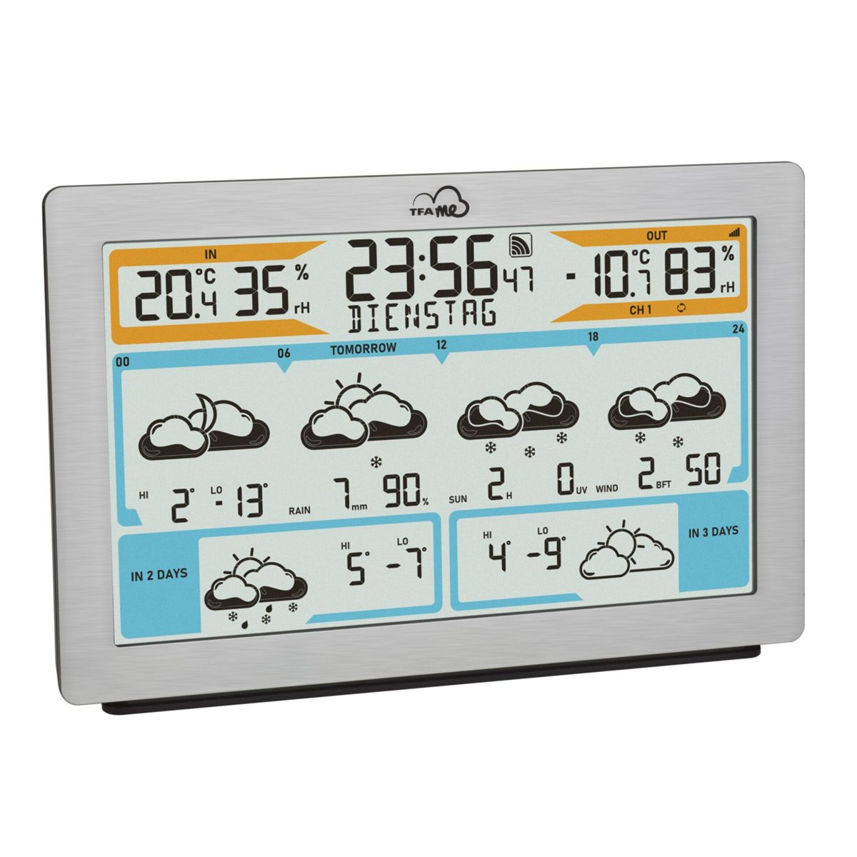 Eine digitale Wetterstation, die Temperatur, Luftfeuchtigkeit, Uhrzeit und Wettervorhersagen für die nächsten Tage anzeigt.