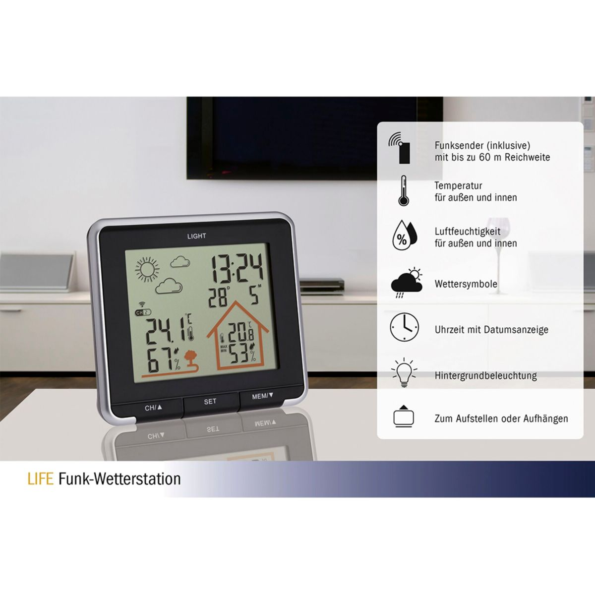 Digitale Wetterstation mit Zeit-, Temperatur- und Feuchtigkeitsanzeige.