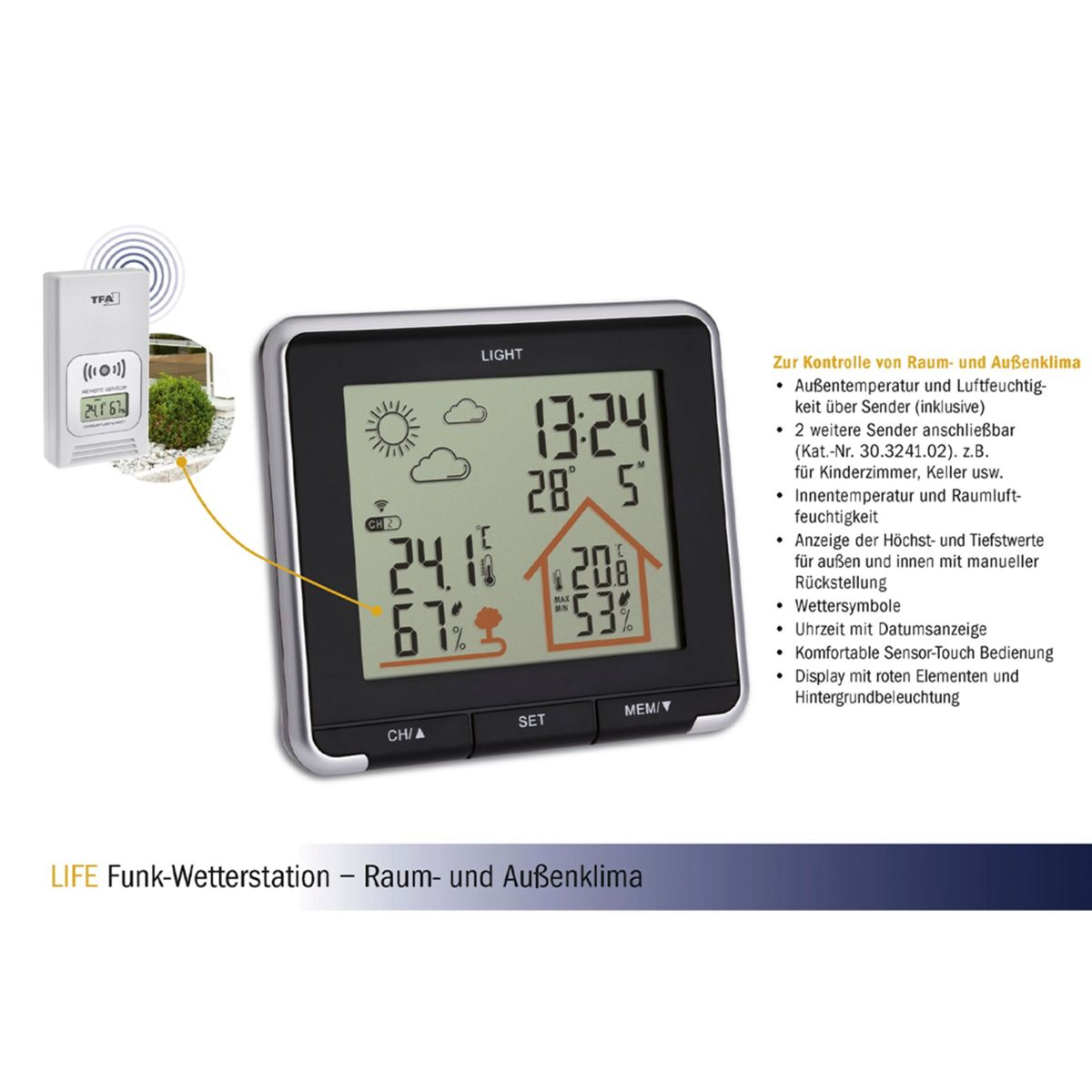Wetterstationsbildschirm mit Temperatur, Luftfeuchtigkeit und Uhrzeit, mit Fernsensor.