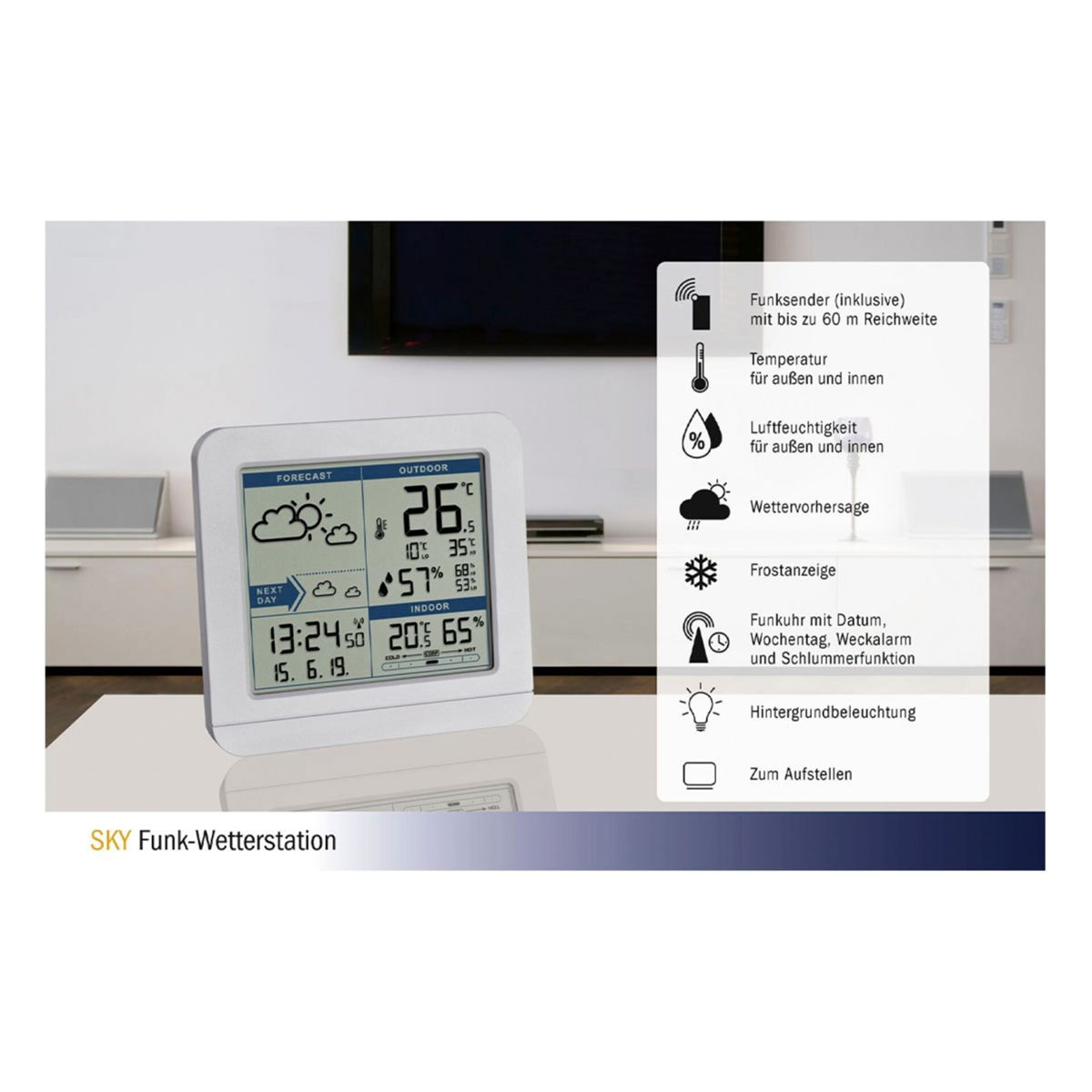 Weiße Wetterstation mit Digitalanzeige für Vorhersage, Zeit und Temperaturen mit Symbolen rechts.