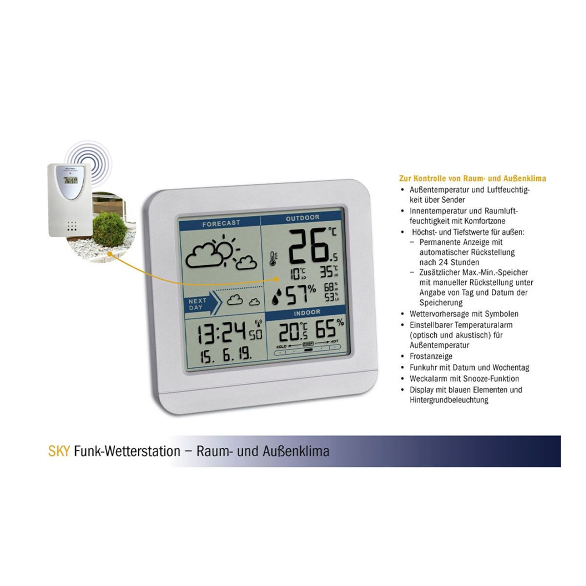 Eine Wetterstation, die Vorhersage, Temperatur und Feuchtigkeit anzeigt. Sie hat ein Display.