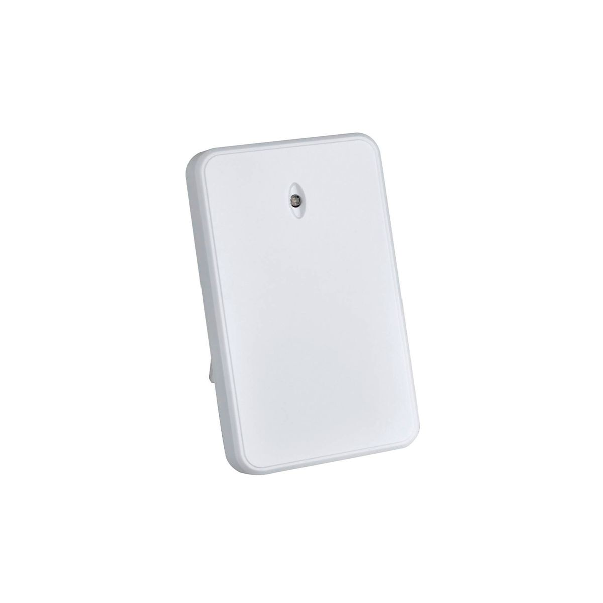 Białe prostokątne urządzenie z małym obiektywem i podstawką.